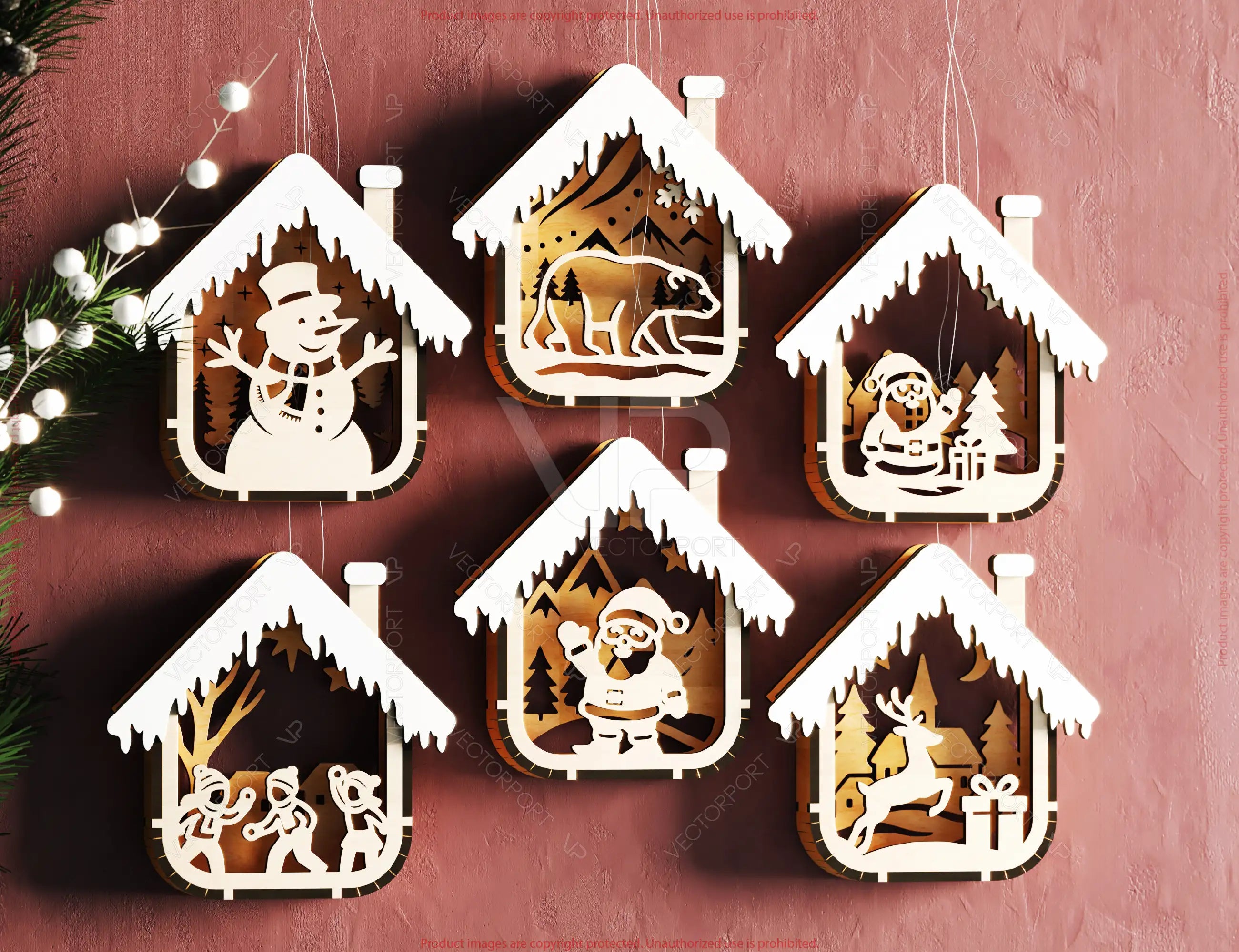 Bundle of House Shape New Year Theme 3D Christmas Ornament Set Tree Decorations Craft Hanging Bauble Snowy Scene Laser Cut Digital Download |#U537|