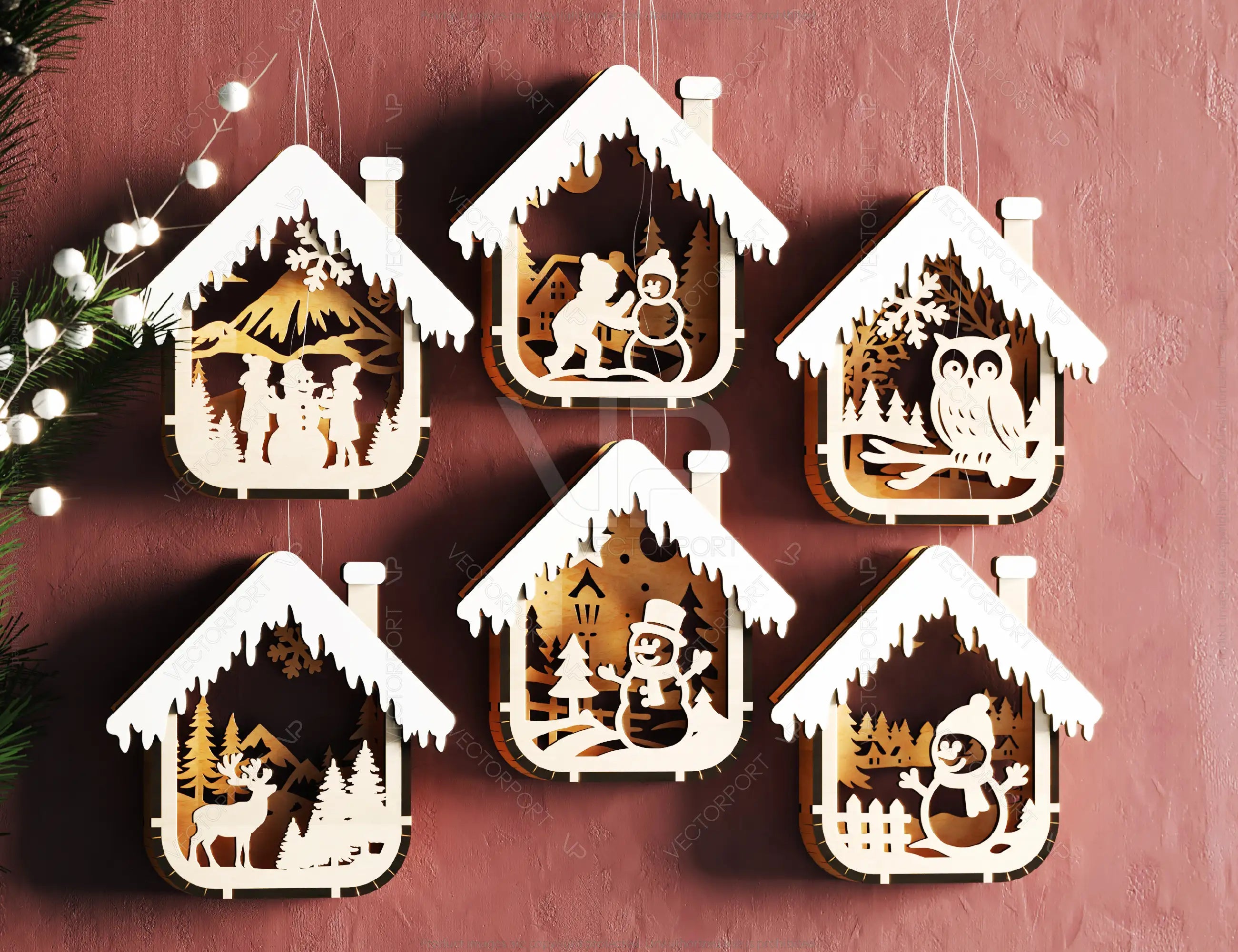 Bundle of House Shape New Year Theme 3D Christmas Ornament Set Tree Decorations Craft Hanging Bauble Snowy Scene Laser Cut Digital Download |#U537|
