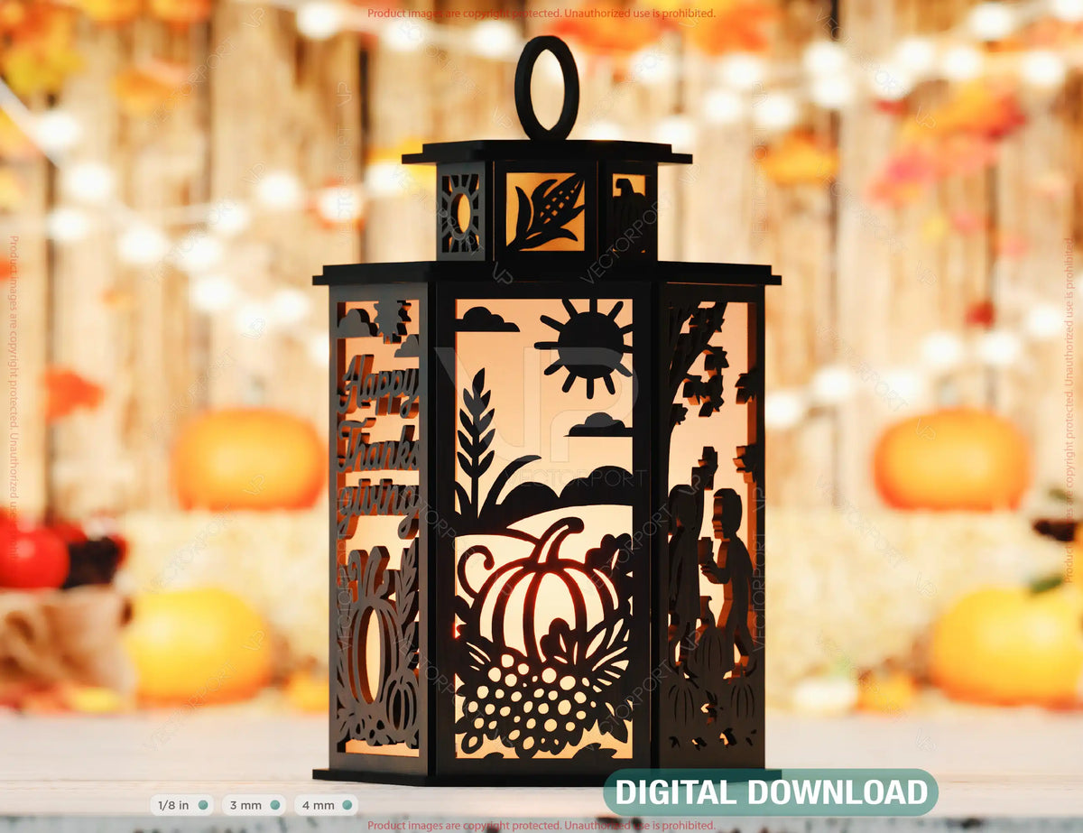 Thanksgiving Tealight Lantern SVG – Autumn Leaves, Pumpkins & Turkey Candle Holder Digital Download |#U640|