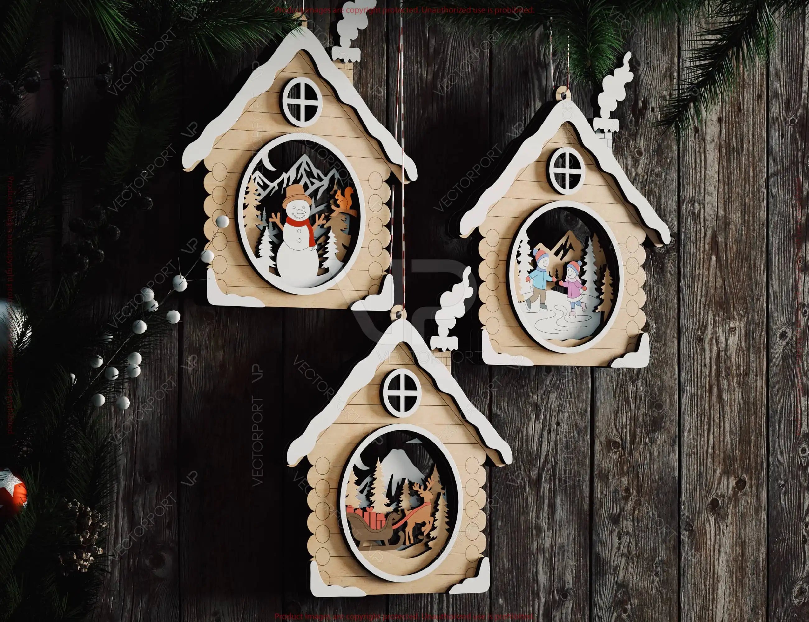 3D Layered Wooden House Christmas Ornament Cozy Winter Cabin with | Laser Cut Shadow Box Digital Download |#U646|