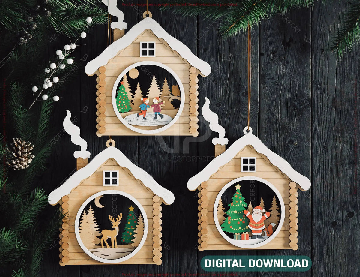Wooden House Layered Christmas Ornament Cozy Winter Cabin with | Laser Cut Shadow Box Digital Download |#U648|