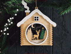 Wooden House Layered Christmas Ornament Cozy Winter Cabin with | Laser Cut Shadow Box Digital Download |#U648|