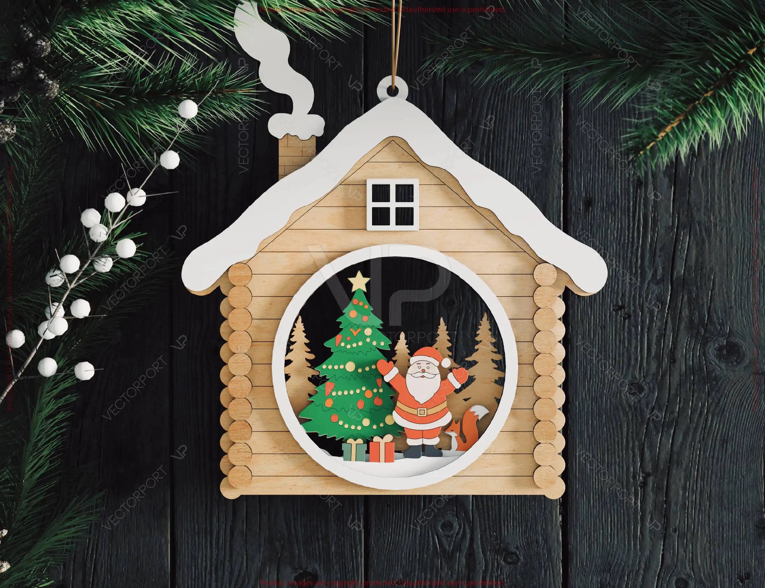 Wooden House Layered Christmas Ornament Cozy Winter Cabin with | Laser Cut Shadow Box Digital Download |#U648|