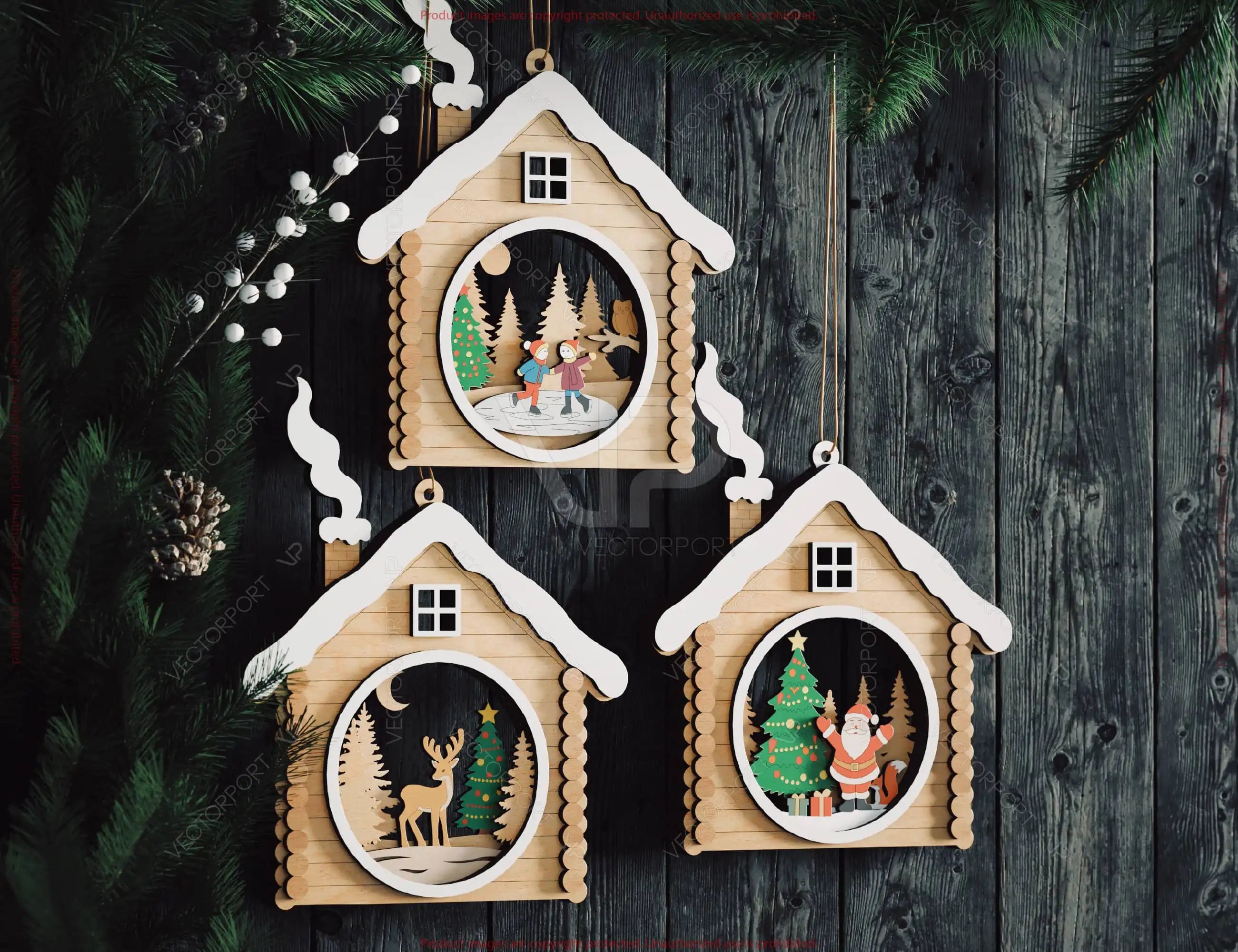 Wooden House Layered Christmas Ornament Cozy Winter Cabin with | Laser Cut Shadow Box Digital Download |#U648|
