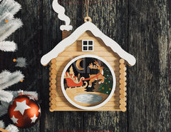 Christmas Ornament Wooden House Layered Cozy Winter Cabin with Owl, Santa, Kids | Laser Cut Shadow Box Digital Download |#U649|