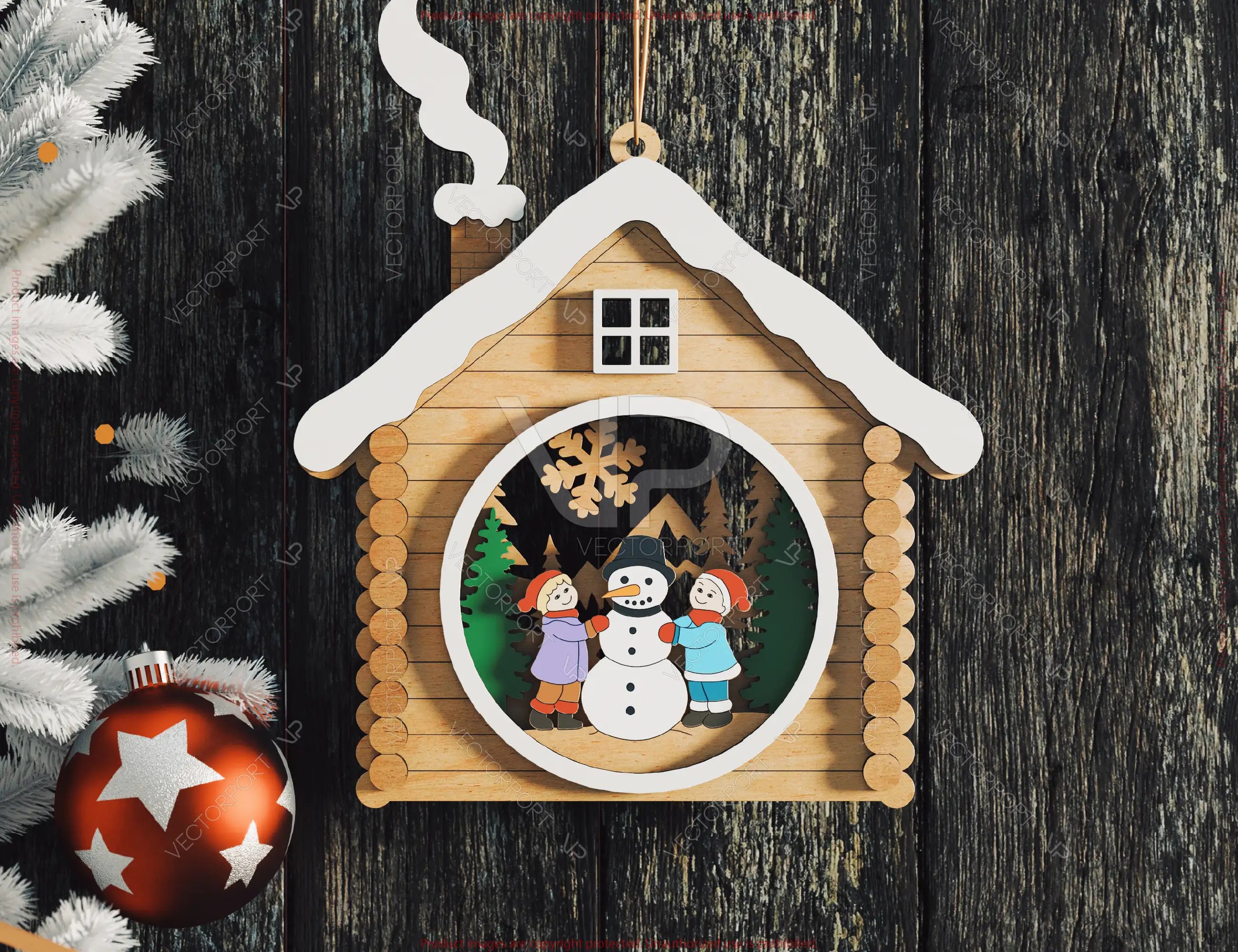 Christmas Ornament Wooden House Layered Cozy Winter Cabin with Owl, Santa, Kids | Laser Cut Shadow Box Digital Download |#U649|
