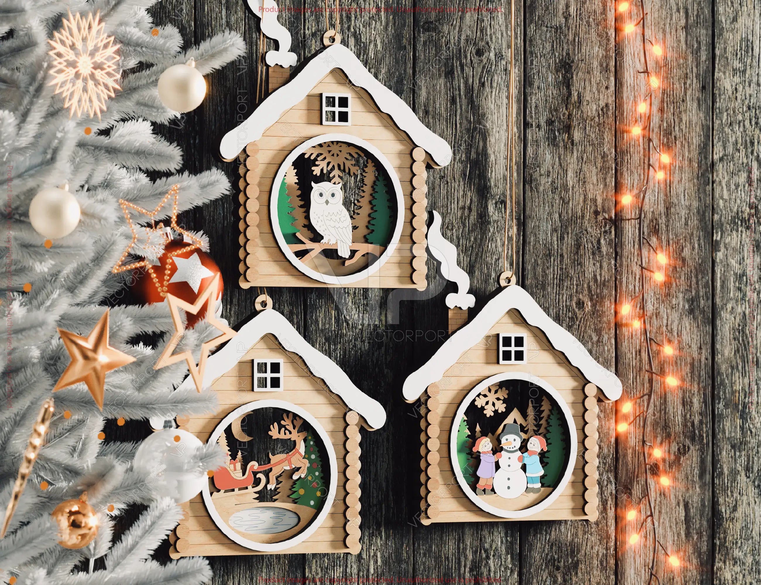 Christmas Ornament Wooden House Layered Cozy Winter Cabin with Owl, Santa, Kids | Laser Cut Shadow Box Digital Download |#U649|