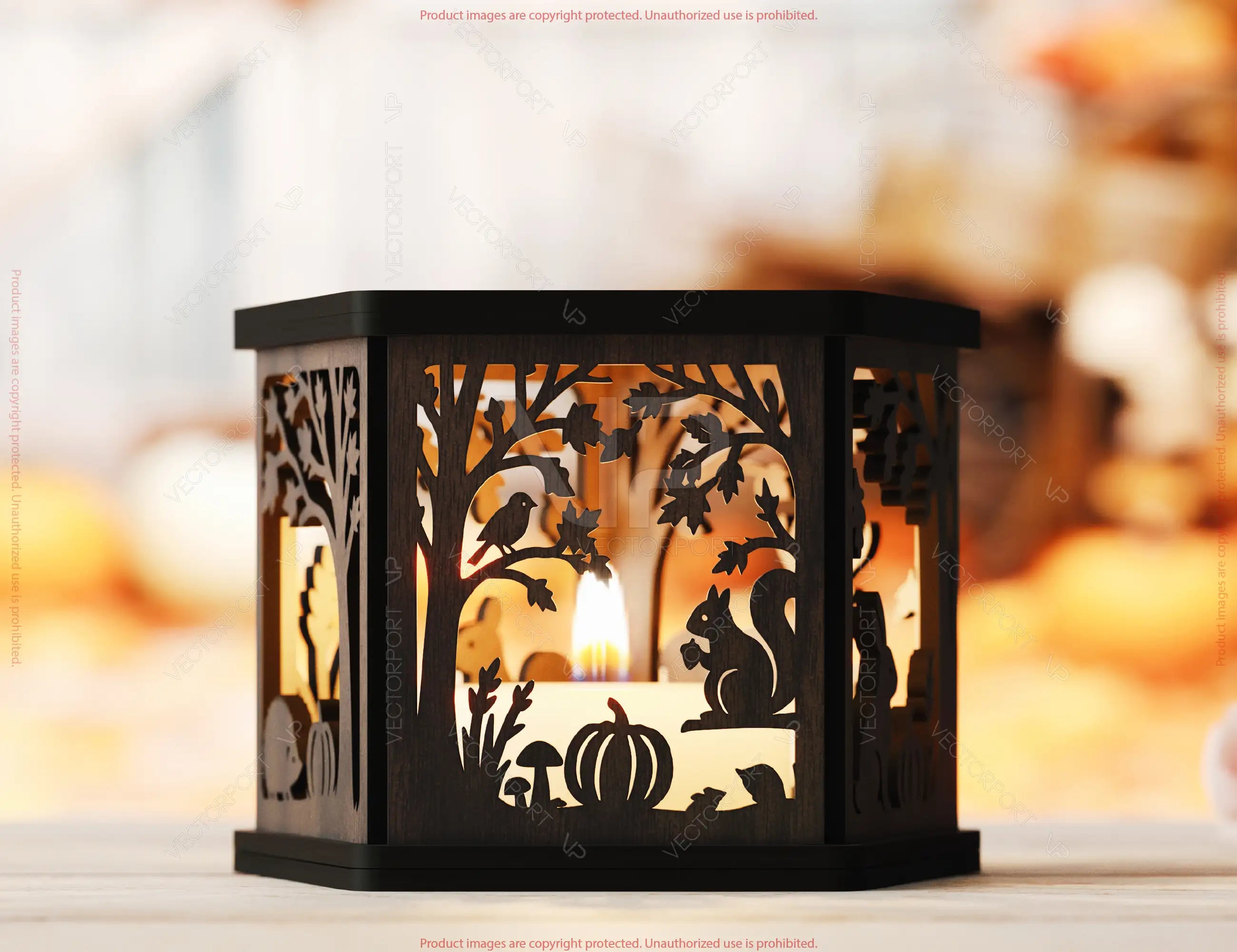 Autumn Forest Lantern – Laser Cut Wooden Tea Light Holder with Pumpkin, Squirrel & Fall Theme –Digital Download |#U651|