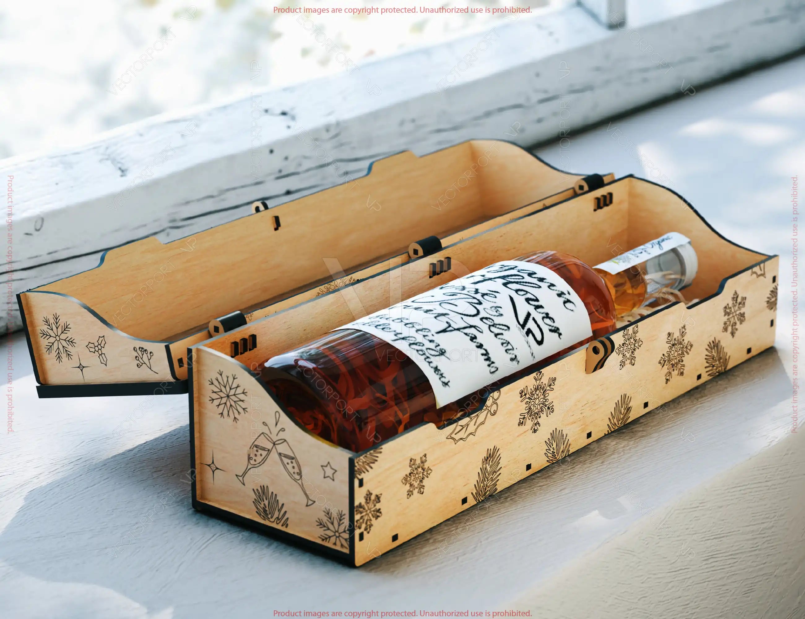 Rustic Holiday Wine Box SVG – Laser Cut Wooden Bottle Case with Festive Customizable Engraved Digital Download |#U656|