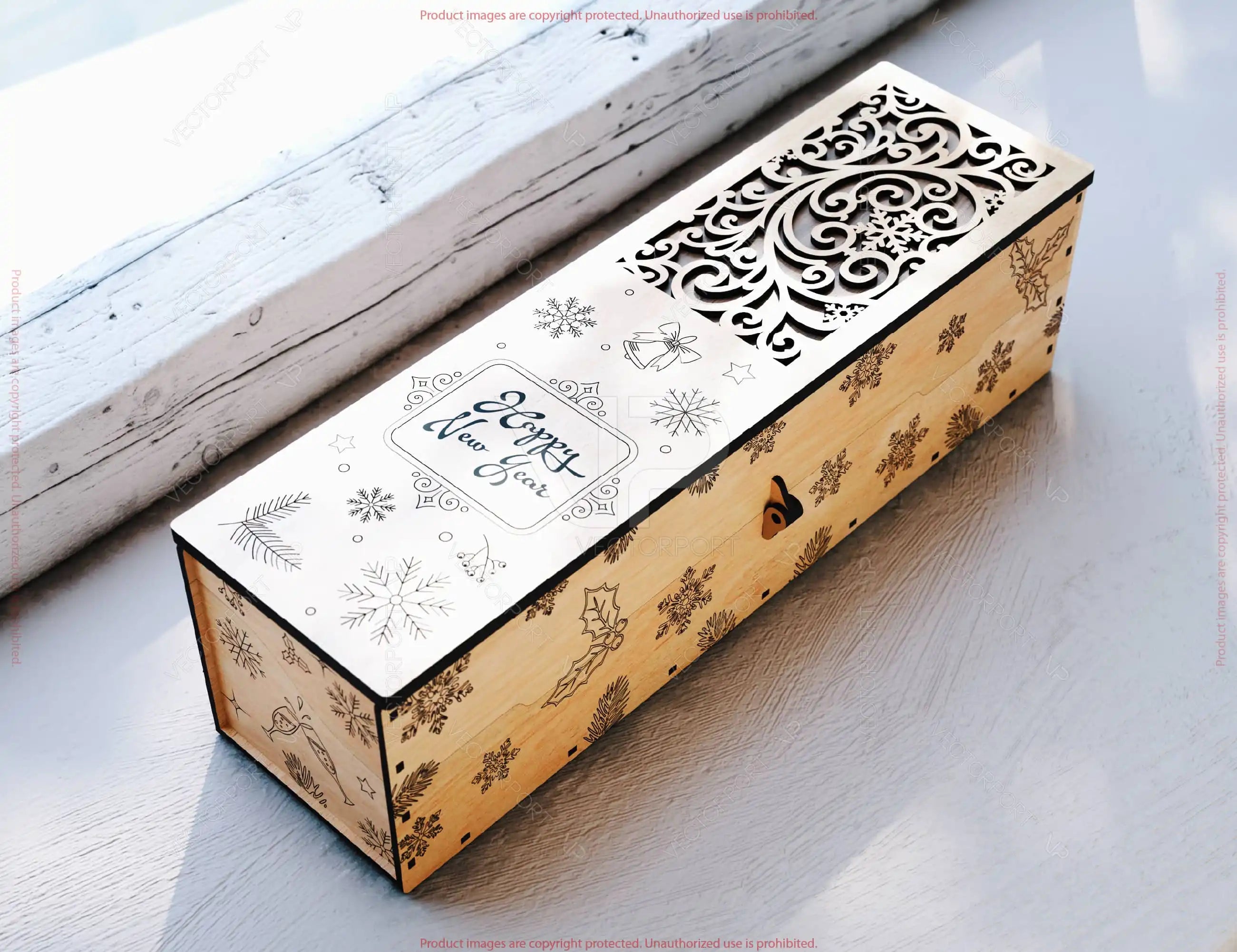 Rustic Holiday Wine Box SVG – Laser Cut Wooden Bottle Case with Festive Customizable Engraved Digital Download |#U656|