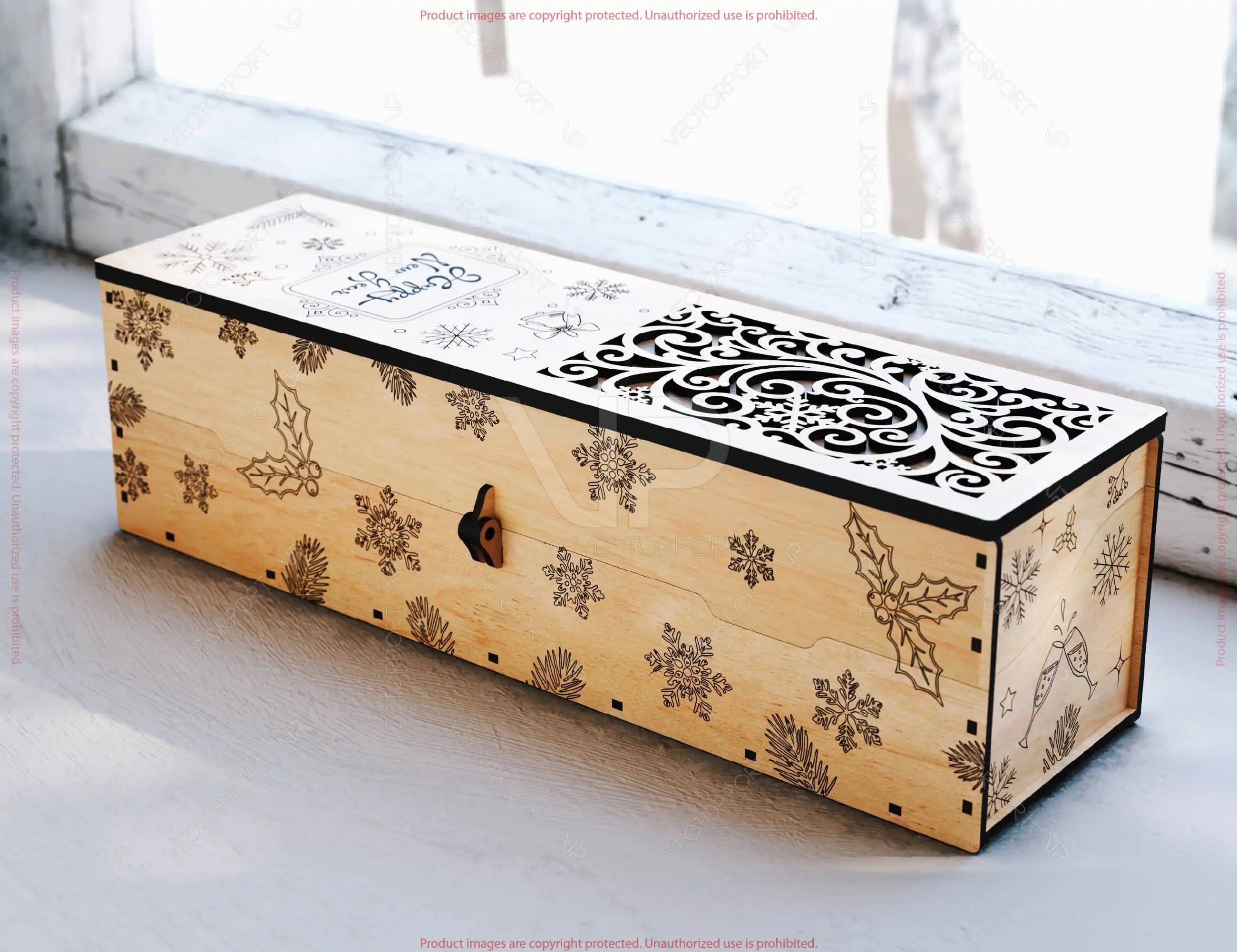 Rustic Holiday Wine Box SVG – Laser Cut Wooden Bottle Case with Festive Customizable Engraved Digital Download |#U656|