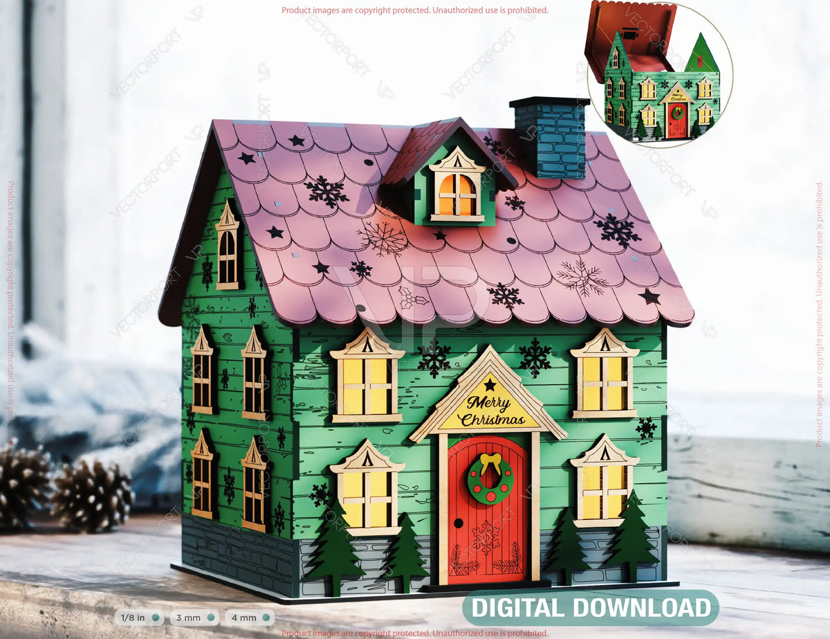 3D Wooden Christmas House Gift Box | Multi-Use Laser Cut File – Money Box, Light Holder, Holiday Décor Digital Download |#U657|