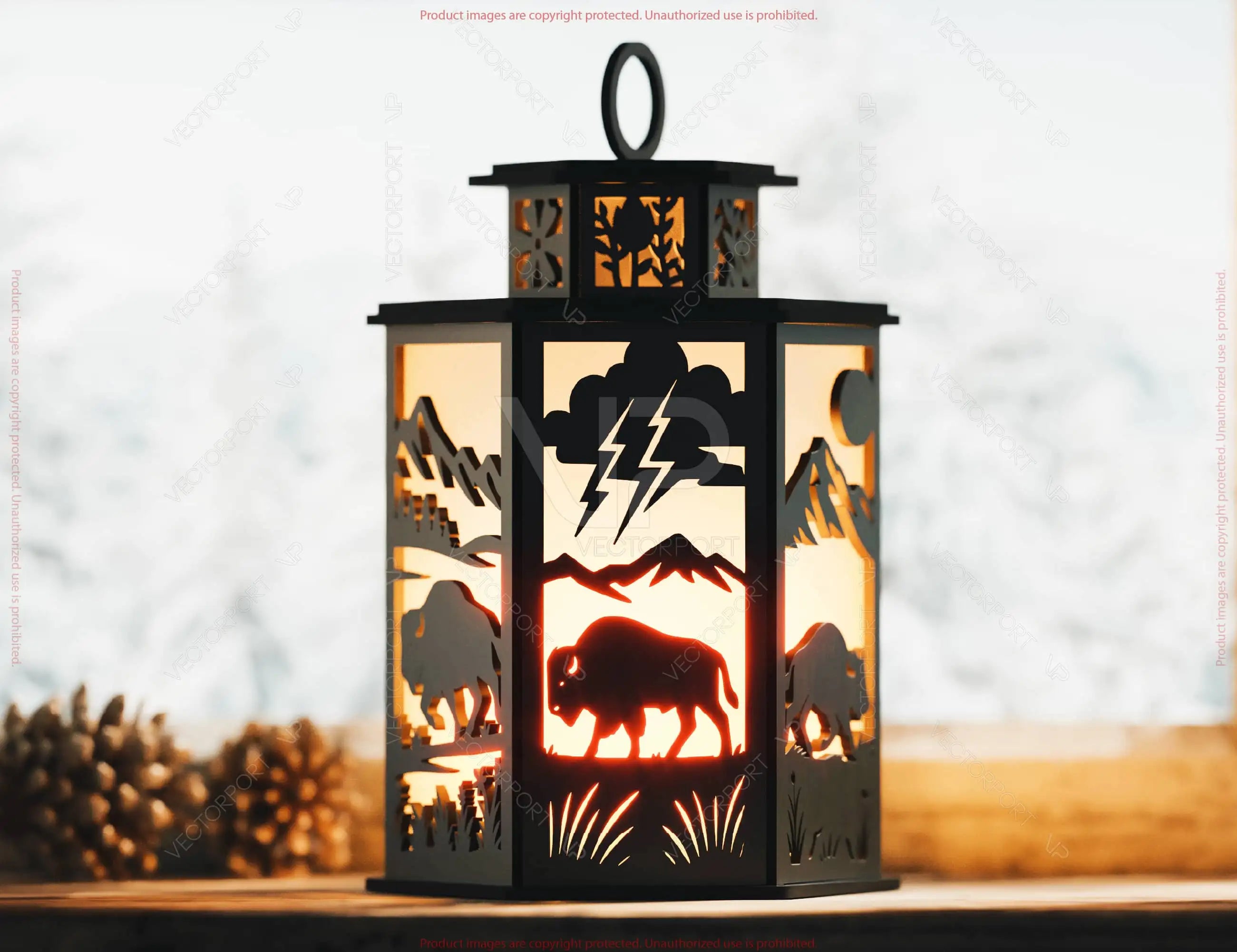 Majestic Buffalo Wildlife Lantern Horns, Prairie & Wildlife Panels Candle Holder Lamp Digital Download |#U658|