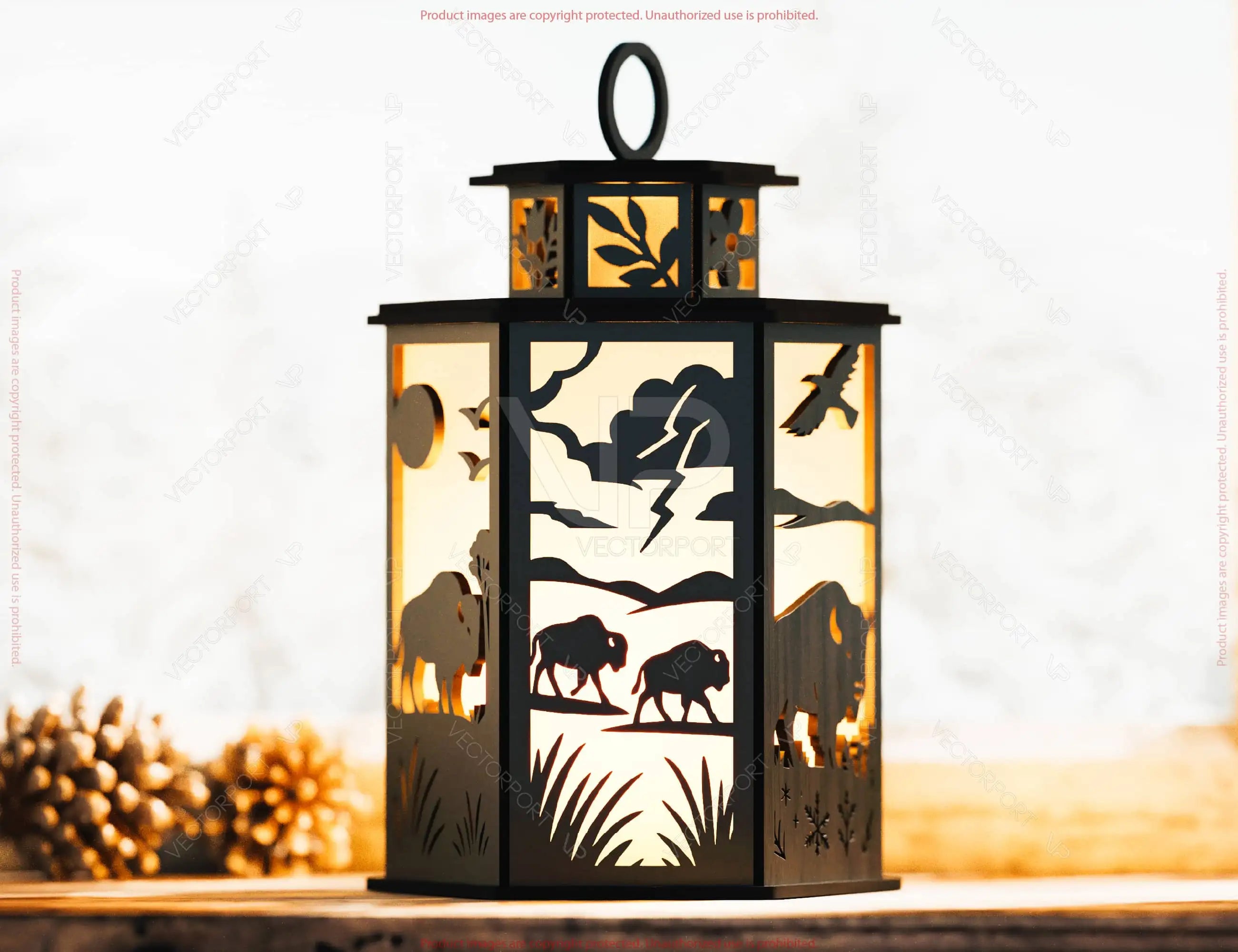 Majestic Buffalo Wildlife Lantern Horns, Prairie & Wildlife Panels Candle Holder Lamp Digital Download |#U658|