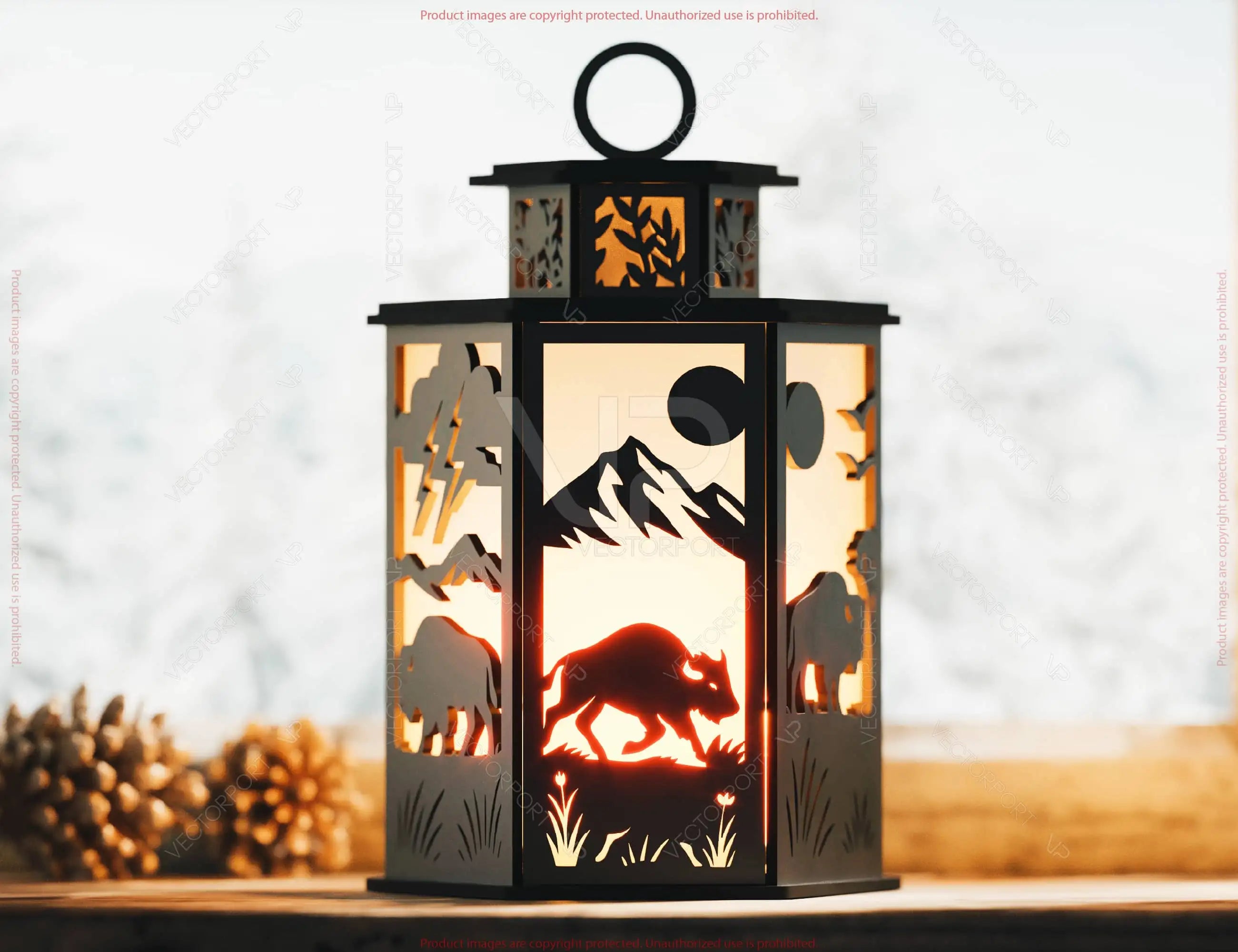 Majestic Buffalo Wildlife Lantern Horns, Prairie & Wildlife Panels Candle Holder Lamp Digital Download |#U658|