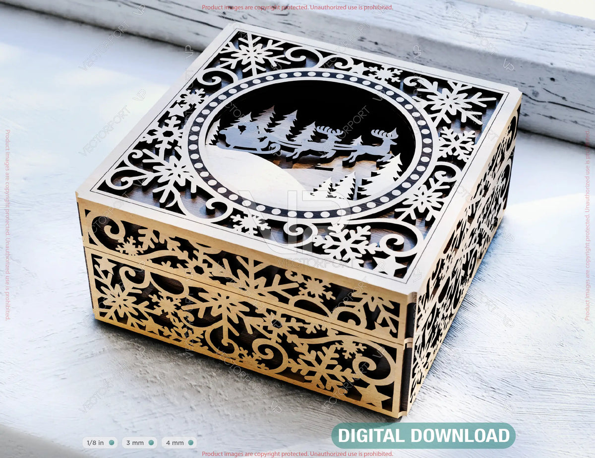 Snowflake Ornamental Laser-Cut Wooden Gift Box – 3D Winter-Themed Decorative Box Digital Download |#U660|