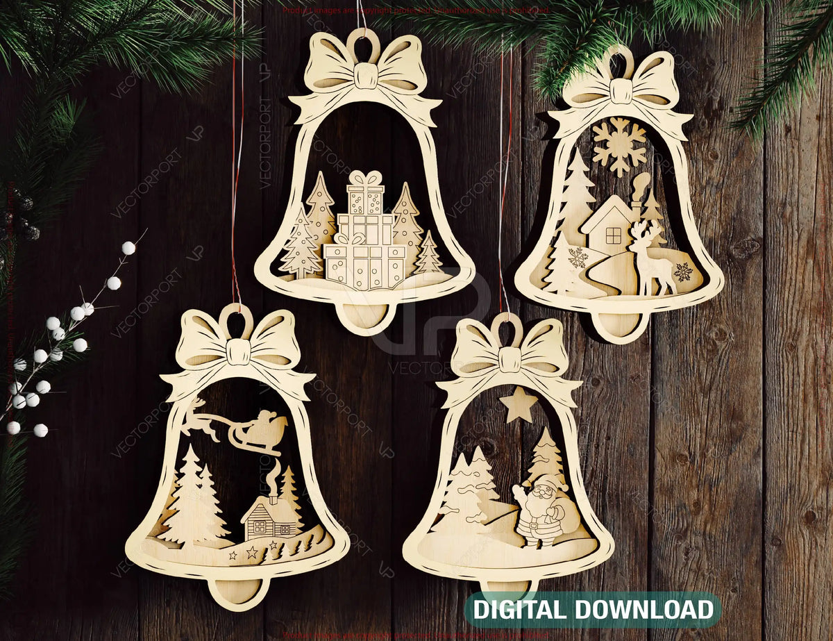 Bell Shape Layered Christmas Ornament SVG | Laser Cut 3D Snowy Scene Holiday Bauble | Digital Download |#U661|