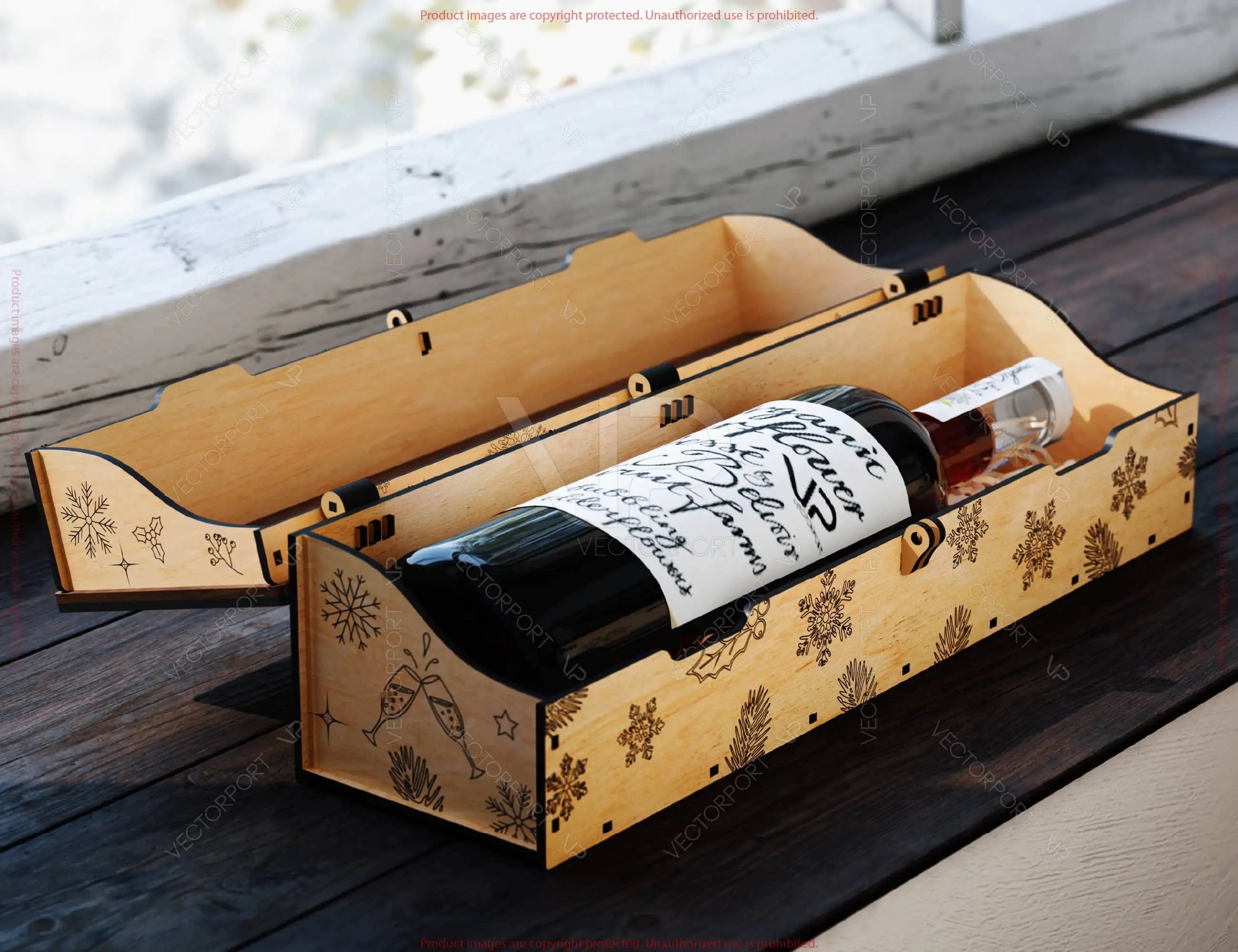 Festive Rustic Wine Box SVG – Custom Laser Cut Christmas Bottle Holder Customizable Engraved Digital Download |#U664|