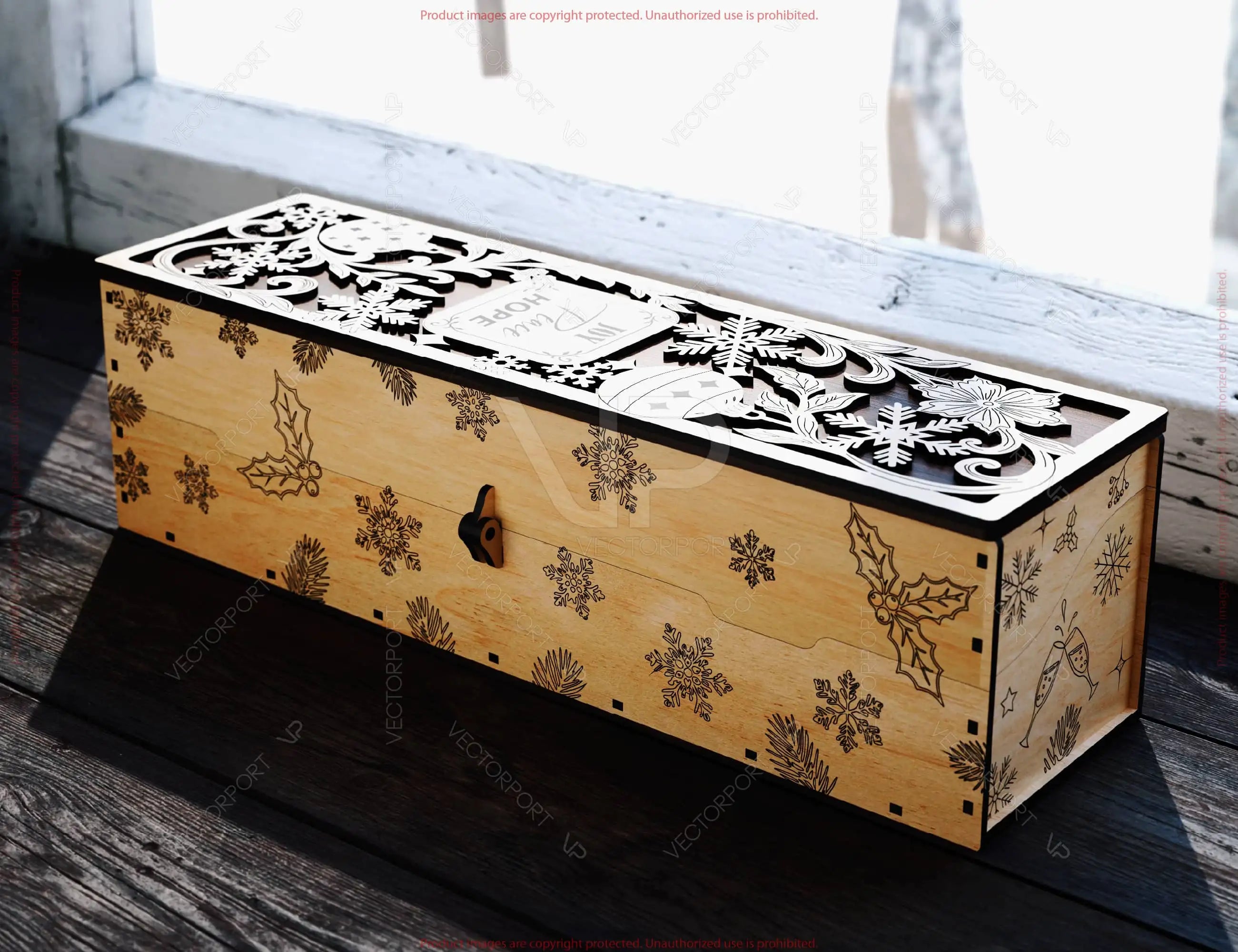 Festive Rustic Wine Box SVG – Custom Laser Cut Christmas Bottle Holder Customizable Engraved Digital Download |#U664|