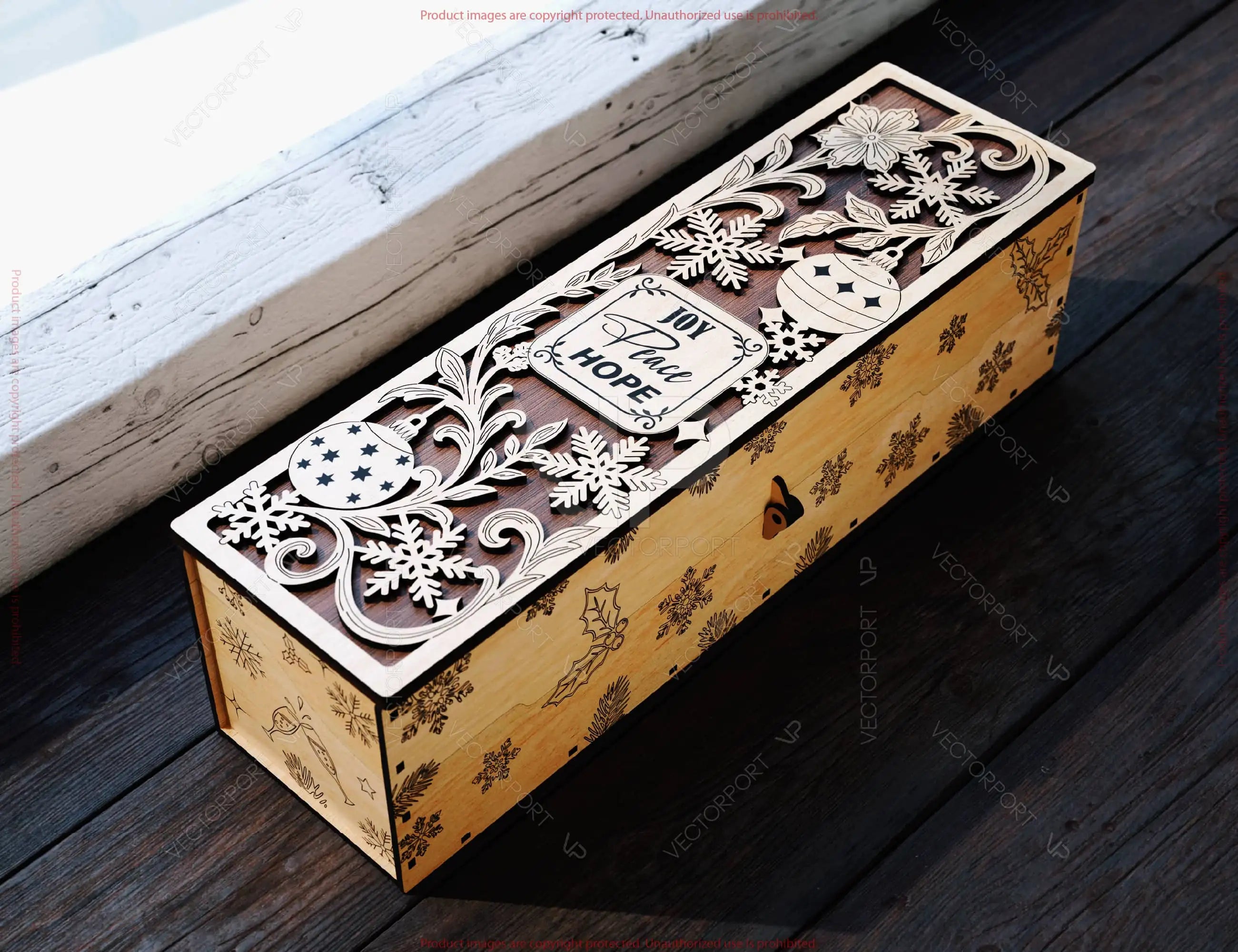 Festive Rustic Wine Box SVG – Custom Laser Cut Christmas Bottle Holder Customizable Engraved Digital Download |#U664|