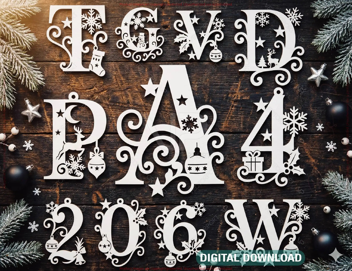 Christmas Alphabet & Numbers Laser Cut Set | 26 Letters | 0-9 Numbers | Hanging Included | Digital Download |#U667|