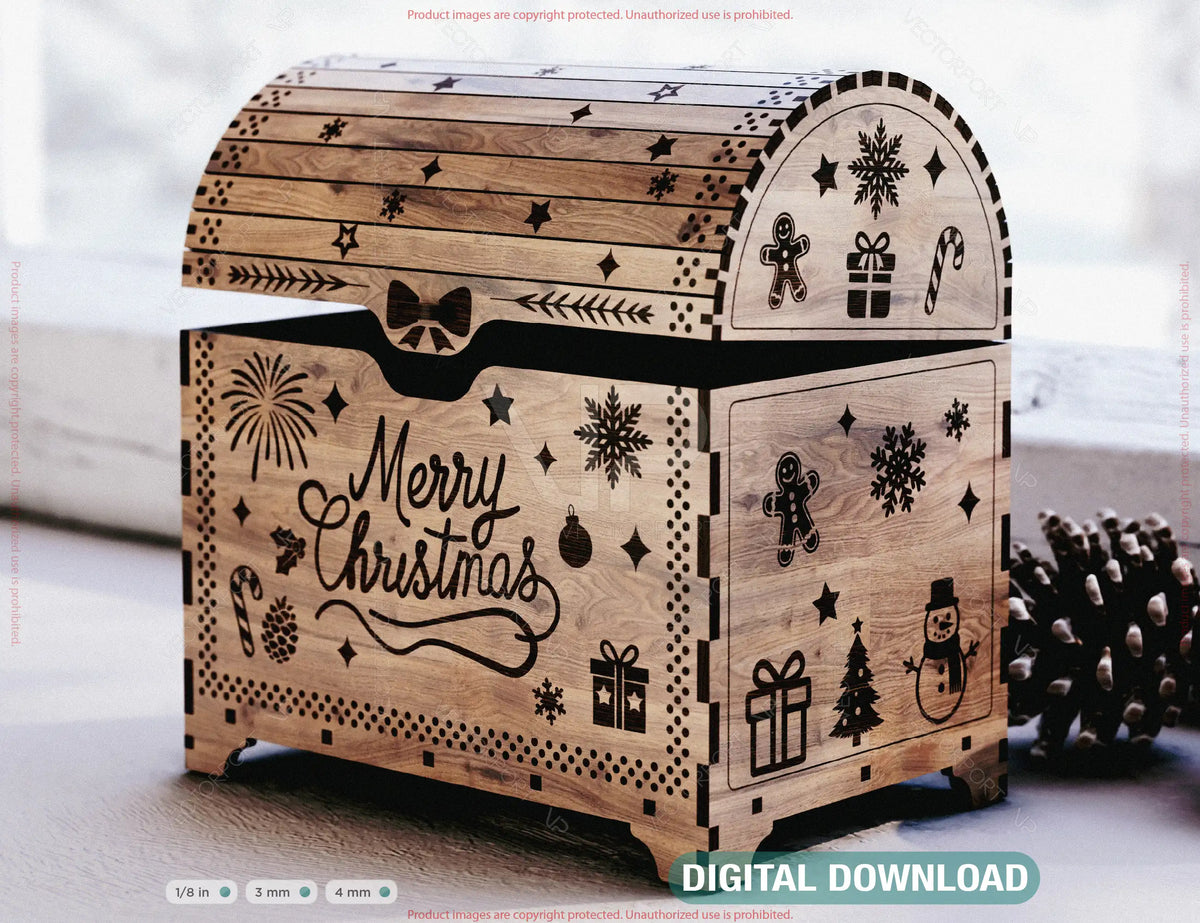 Rustic Christmas Chest | Laser Cut Wooden Gift Box | Engraved Holiday Storage Box Digital Download |#U668|