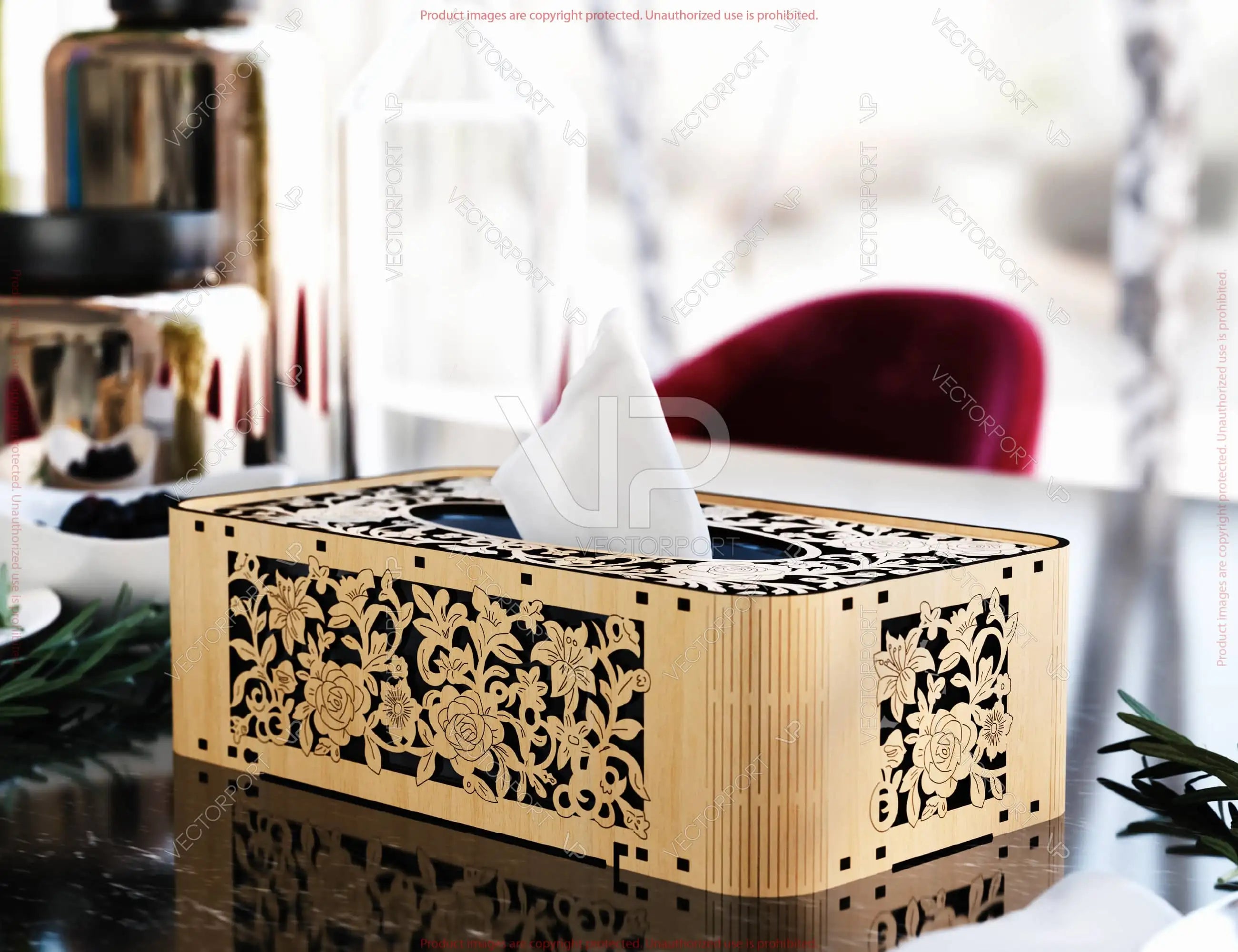 Elegant Floral Laser Cut Tissue Box Cover SVG | Wooden Napkin Box Sleeve | Napkin Dispenser | Digital Download |#U675|