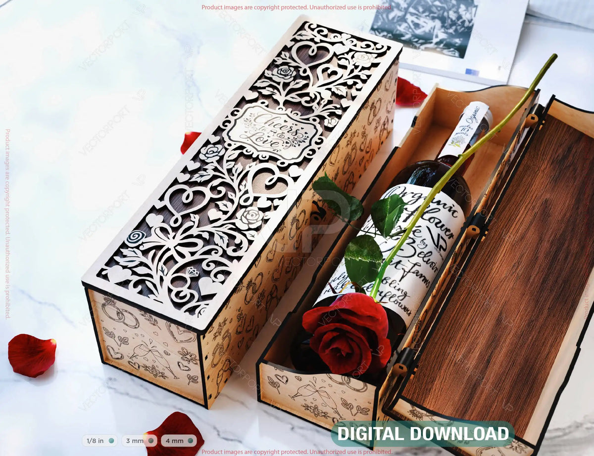 Romantic Love Wine Box SVG –Laser Cut Valentine’s Bottle Holder | Personalized Anniversary & Wedding Gift Digital Download |#U676|