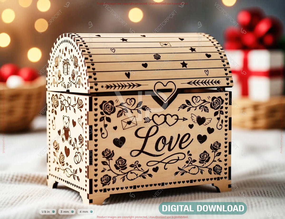 Rustic Valentine Love Chest | Laser Cut Wooden Gift Box | Engraved Romantic Keepsake Box Digital Download |#U679|
