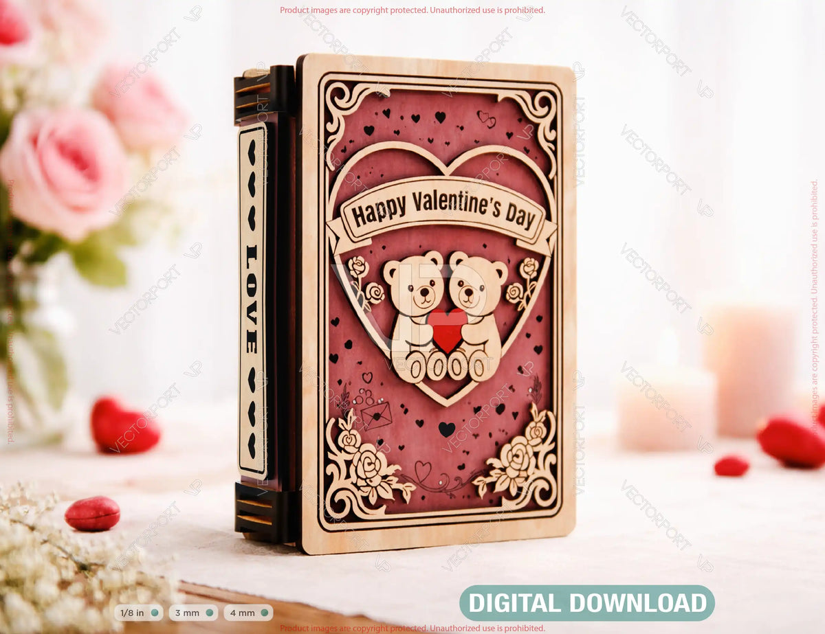 Customizable Valentine Wooden Book Box – Laser Cut Love Keepsake Box with Romantic Engraved Cover Digital Download |#U680|