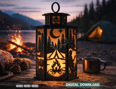 Campfire Adventure World Lantern – Camping Theme Forest, Tent & Campfire| Outdoor Candle Holder Lamp Digital Download |#U682|