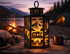Campfire Adventure World Lantern – Camping Theme Forest, Tent & Campfire| Outdoor Candle Holder Lamp Digital Download |#U682|