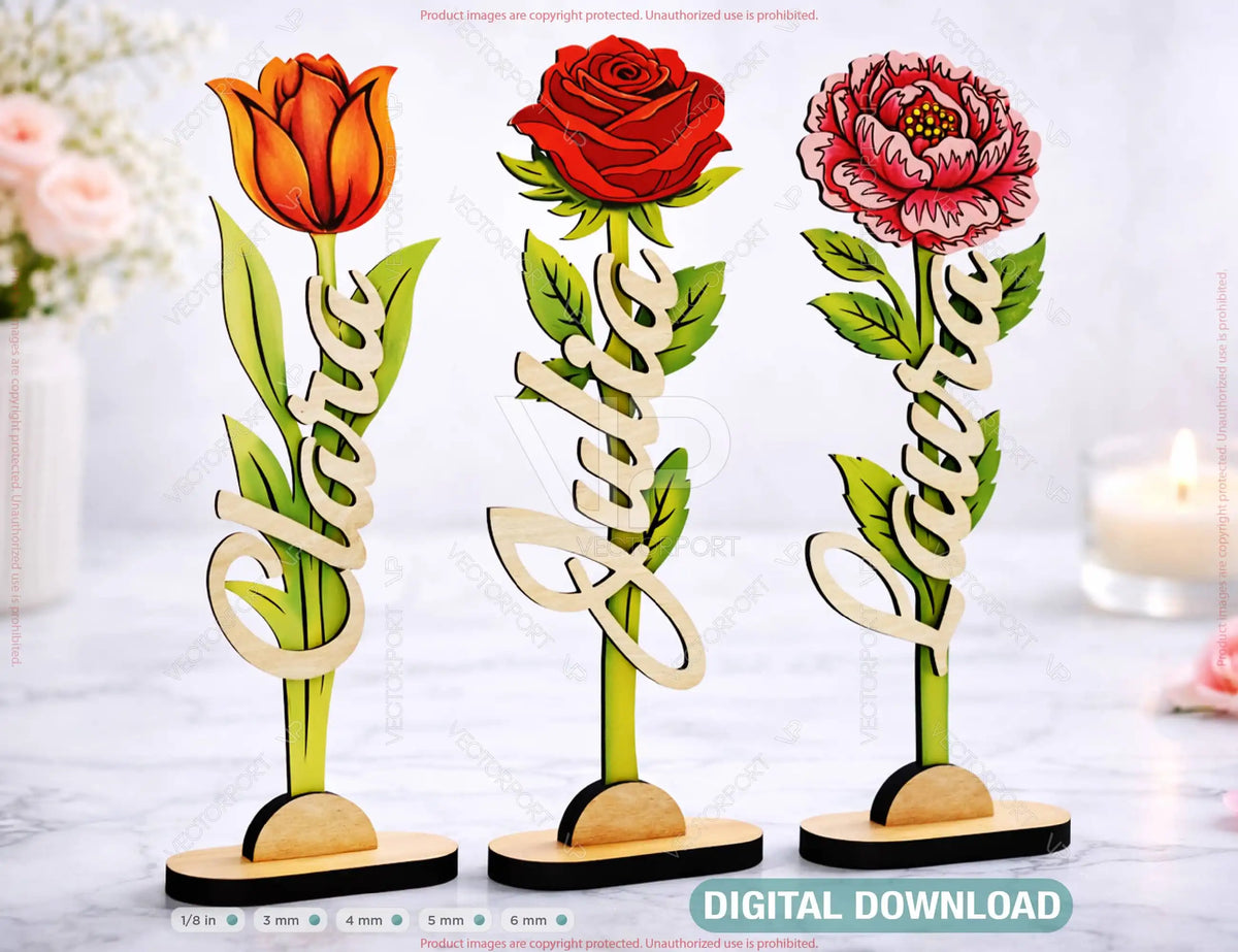 Customizable Standing Flower Laser Cut - Personalized Flower with Name Tulip, Rose & Peony Digital Download |#U683|