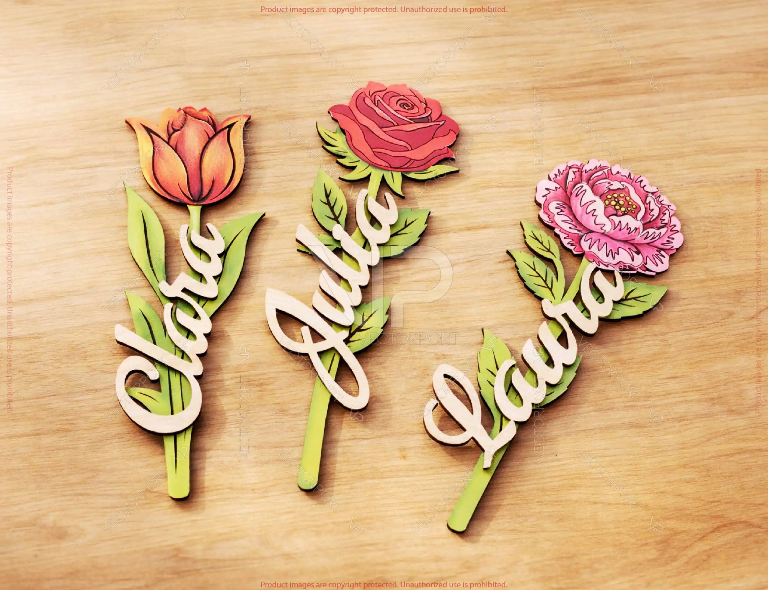 Customizable Standing Flower Laser Cut - Personalized Flower with Name Tulip, Rose & Peony Digital Download |#U683|