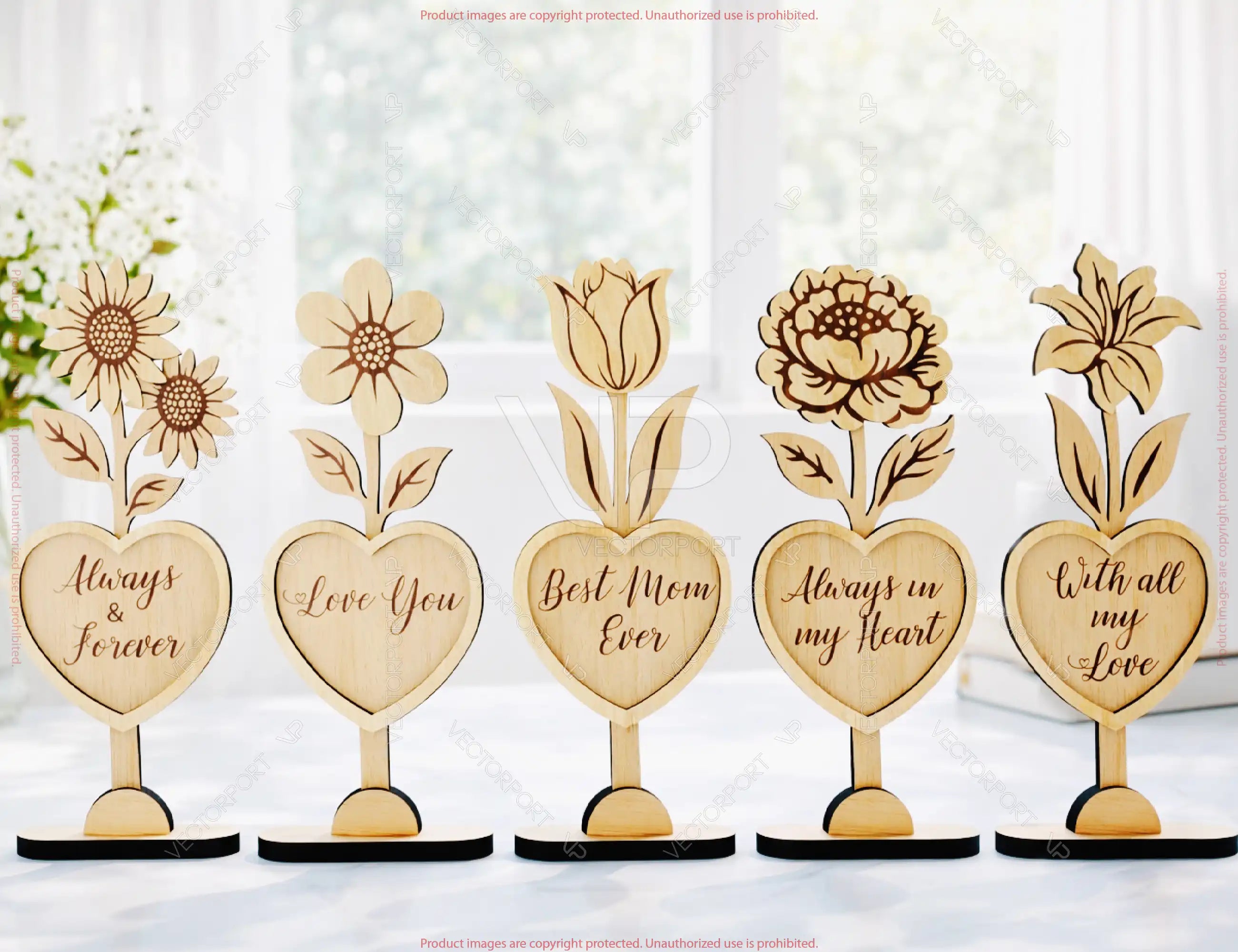 Heart Wooden Decor – Laser Cut Standing Flower Sign with Engraved Message Tulip, Rose Digital Download |#U684|
