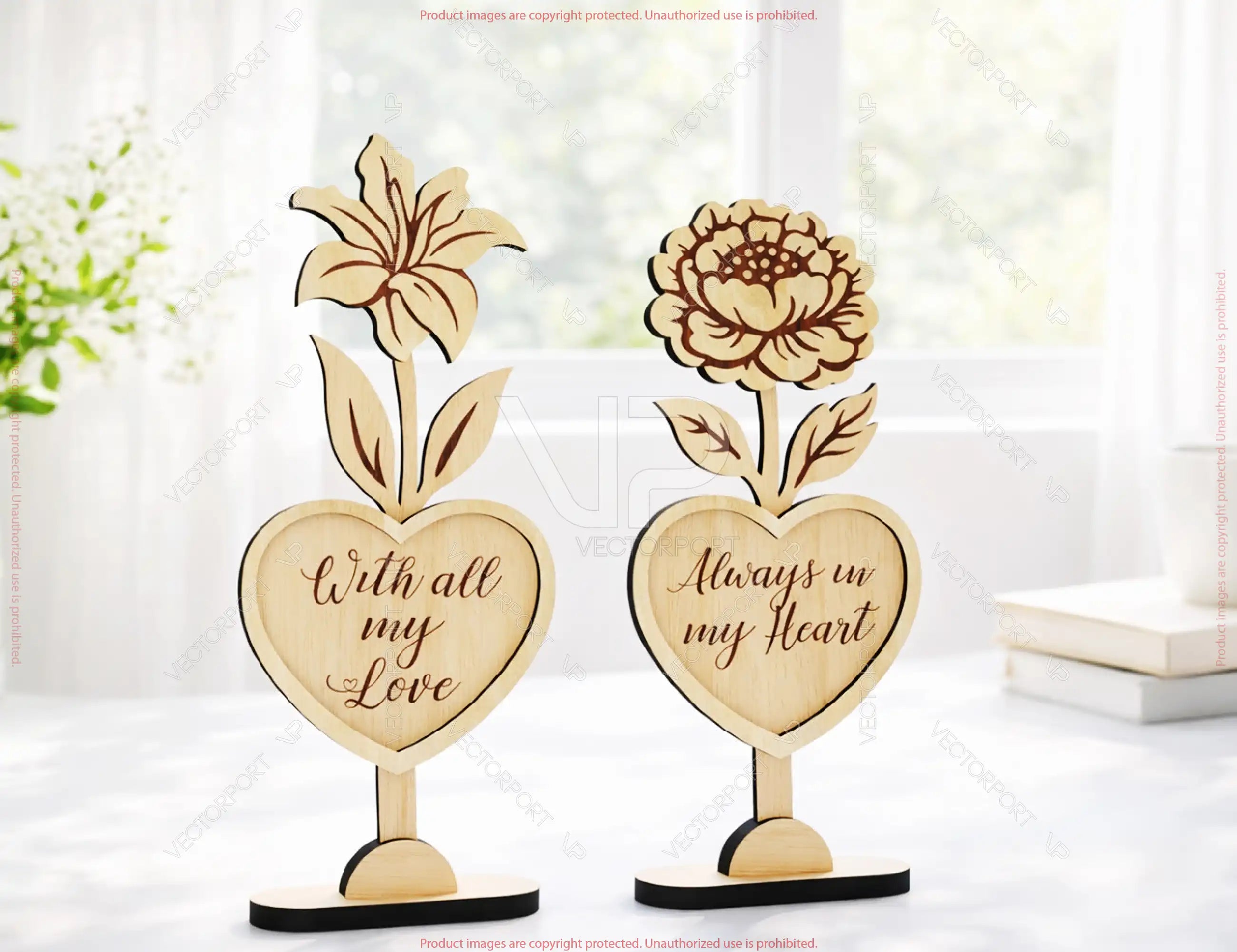 Heart Wooden Decor – Laser Cut Standing Flower Sign with Engraved Message Tulip, Rose Digital Download |#U684|