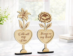 Heart Wooden Decor – Laser Cut Standing Flower Sign with Engraved Message Tulip, Rose Digital Download |#U684|