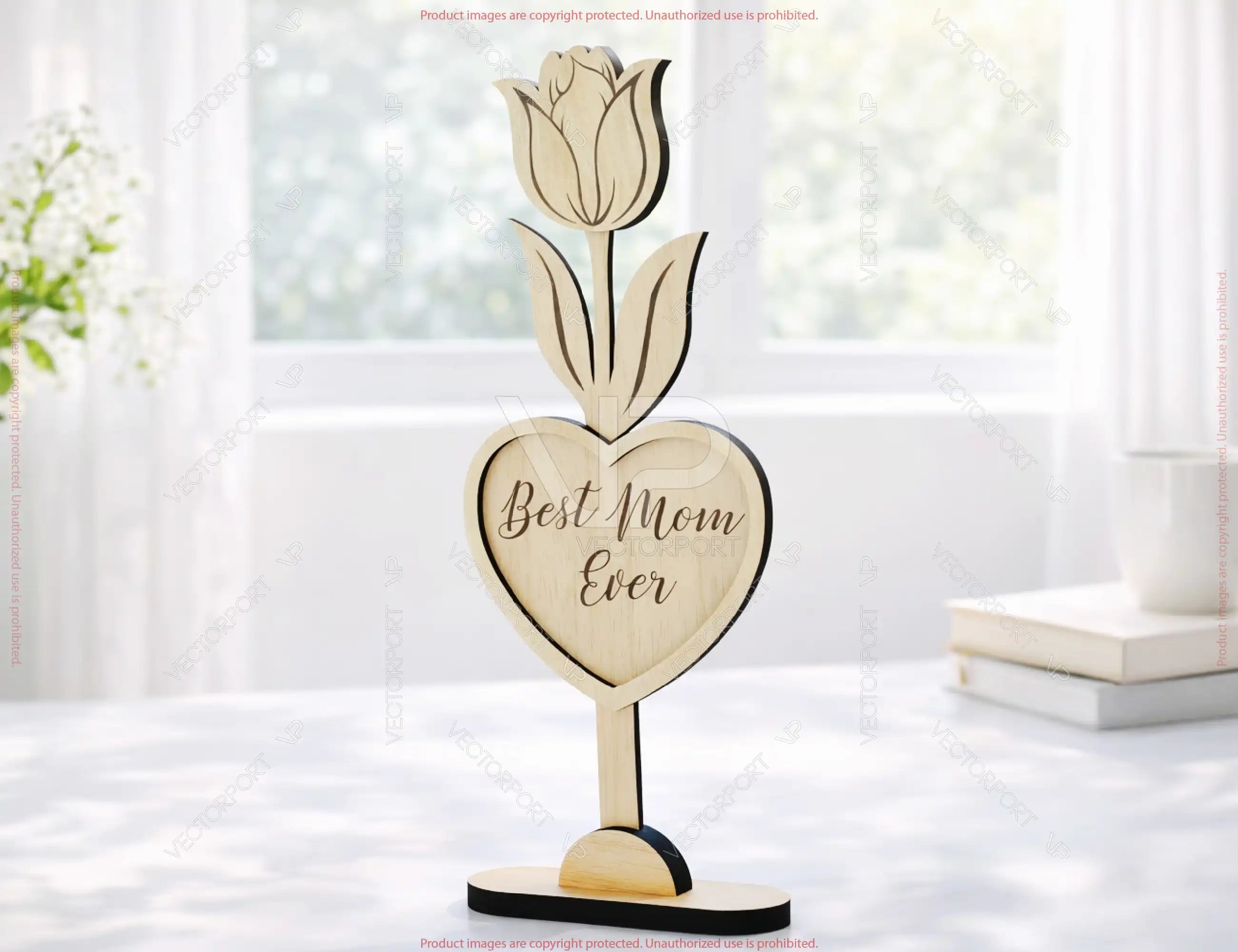 Heart Wooden Decor – Laser Cut Standing Flower Sign with Engraved Message Tulip, Rose Digital Download |#U684|
