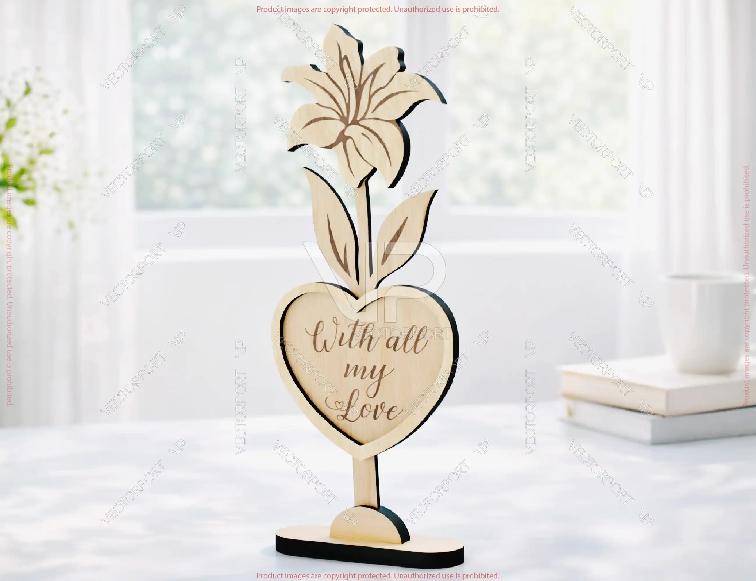 Heart Wooden Decor – Laser Cut Standing Flower Sign with Engraved Message Tulip, Rose Digital Download |#U684|