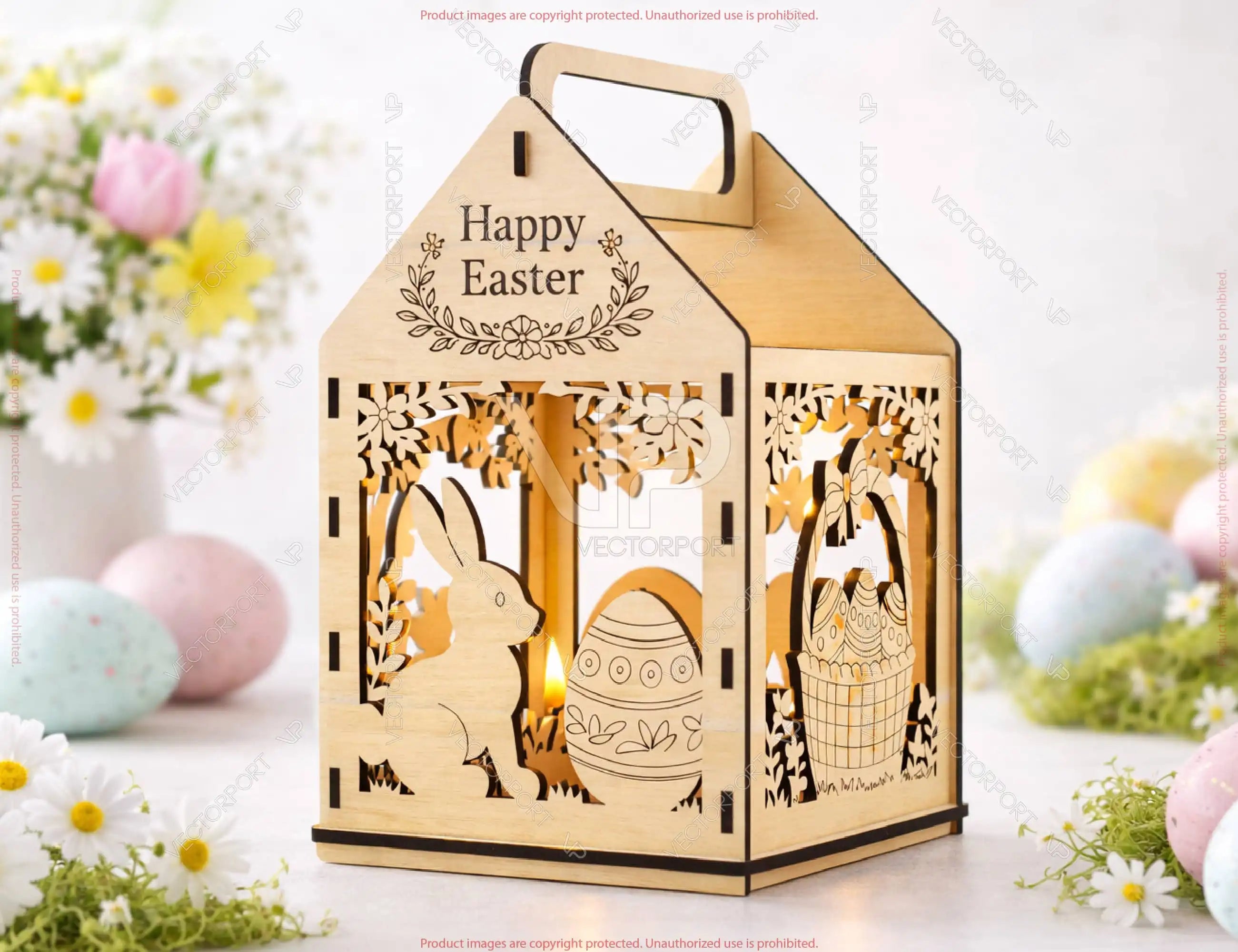 Easter Lantern Basket SVG | Wooden Candle Holder & Easter Egg Basket | Laser Cut Easter Box | Bunny & Chick Design | Digital Download |#U685|