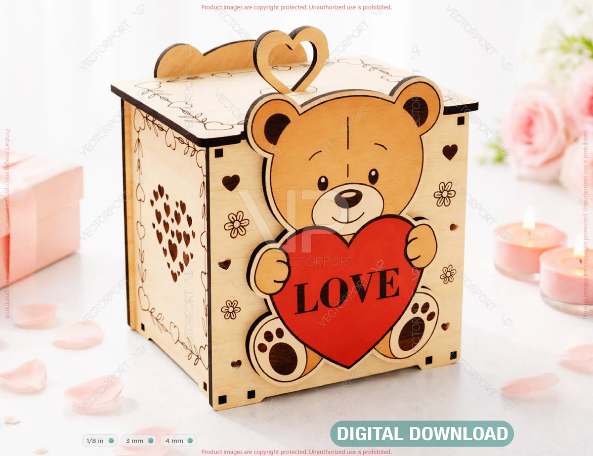 Teddy Bear Valentine Gift Box SVG | Laser Cut Wooden Love Box | Bear Heart Box Design | Digital Download |#U686|