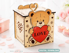 Teddy Bear Valentine Gift Box SVG | Laser Cut Wooden Love Box | Bear Heart Box Design | Digital Download |#U686|