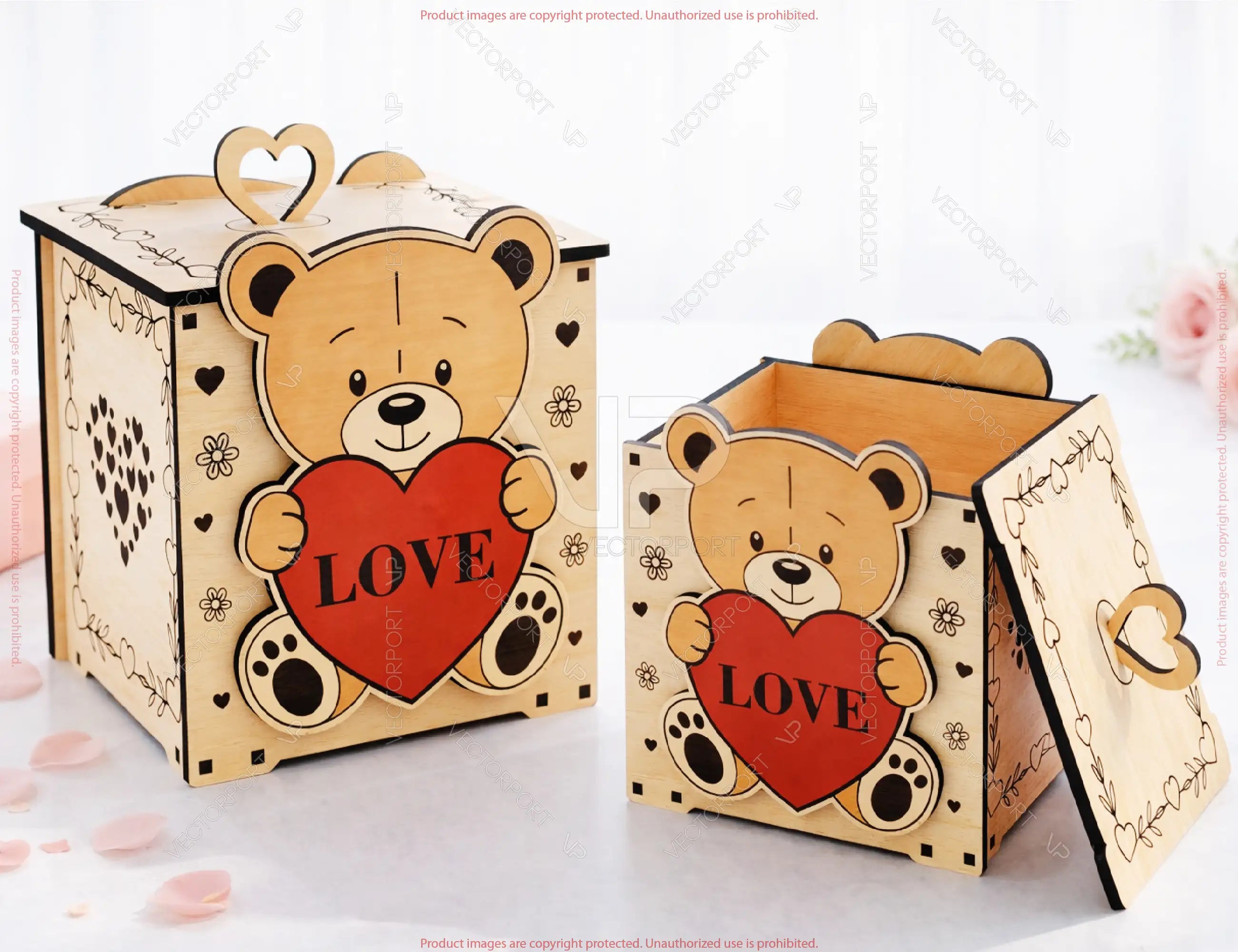 Teddy Bear Valentine Gift Box SVG | Laser Cut Wooden Love Box | Bear Heart Box Design | Digital Download |#U686|