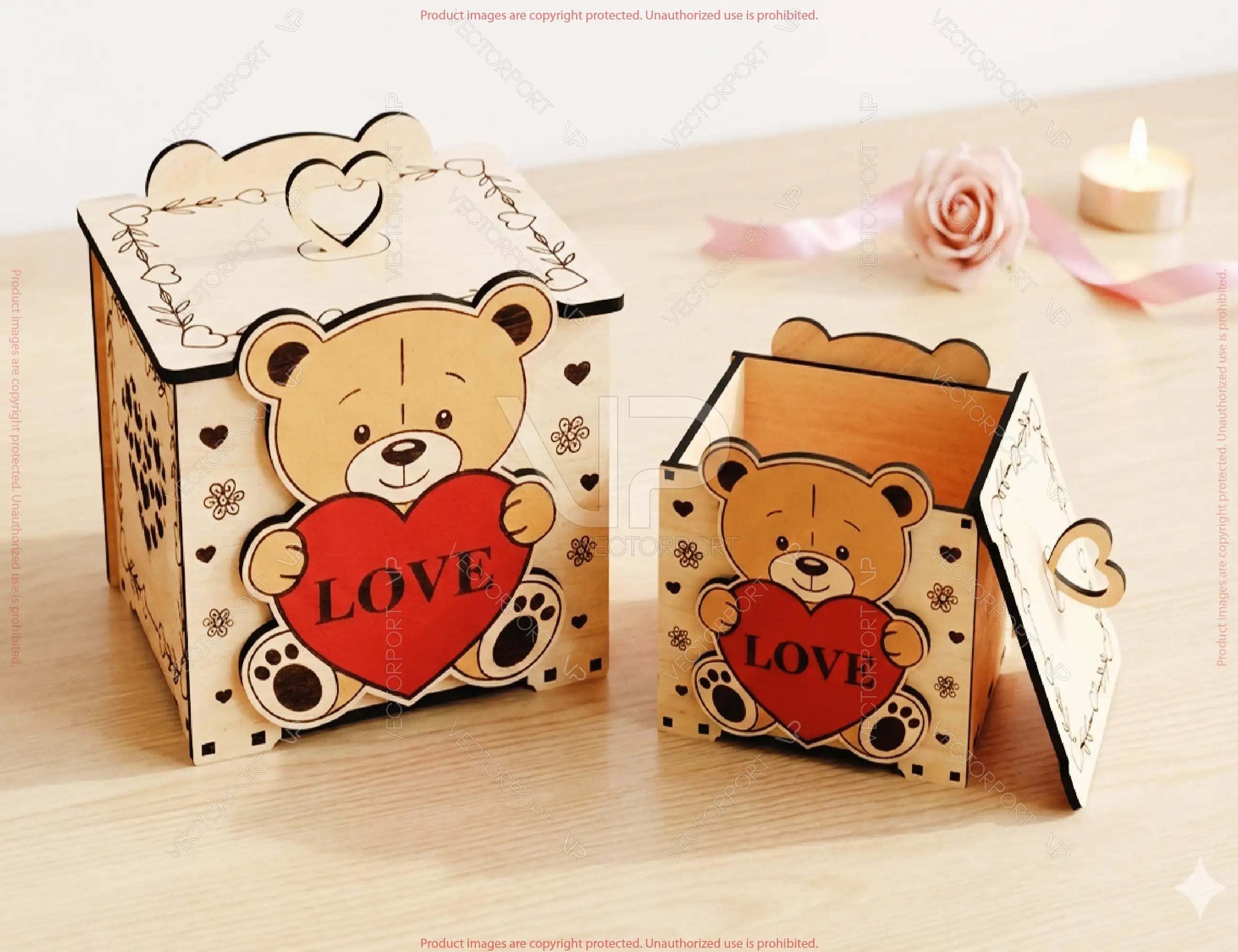 Teddy Bear Valentine Gift Box SVG | Laser Cut Wooden Love Box | Bear Heart Box Design | Digital Download |#U686|