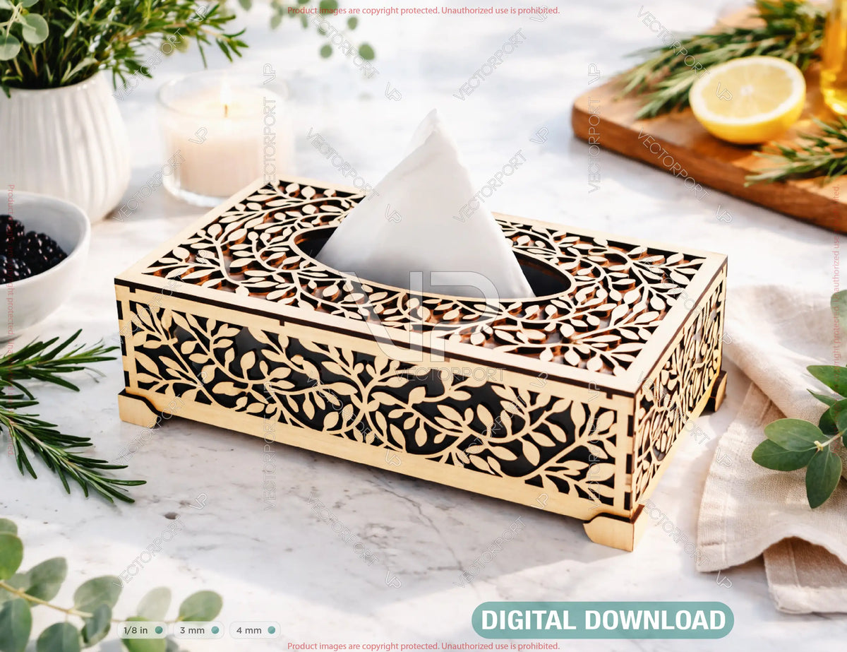 Laser Cut Wooden Tissue Box with Leaf Pattern | Decorative Wooden Tissue Holder | Napkin Dispenser | Digital Download |#U690|