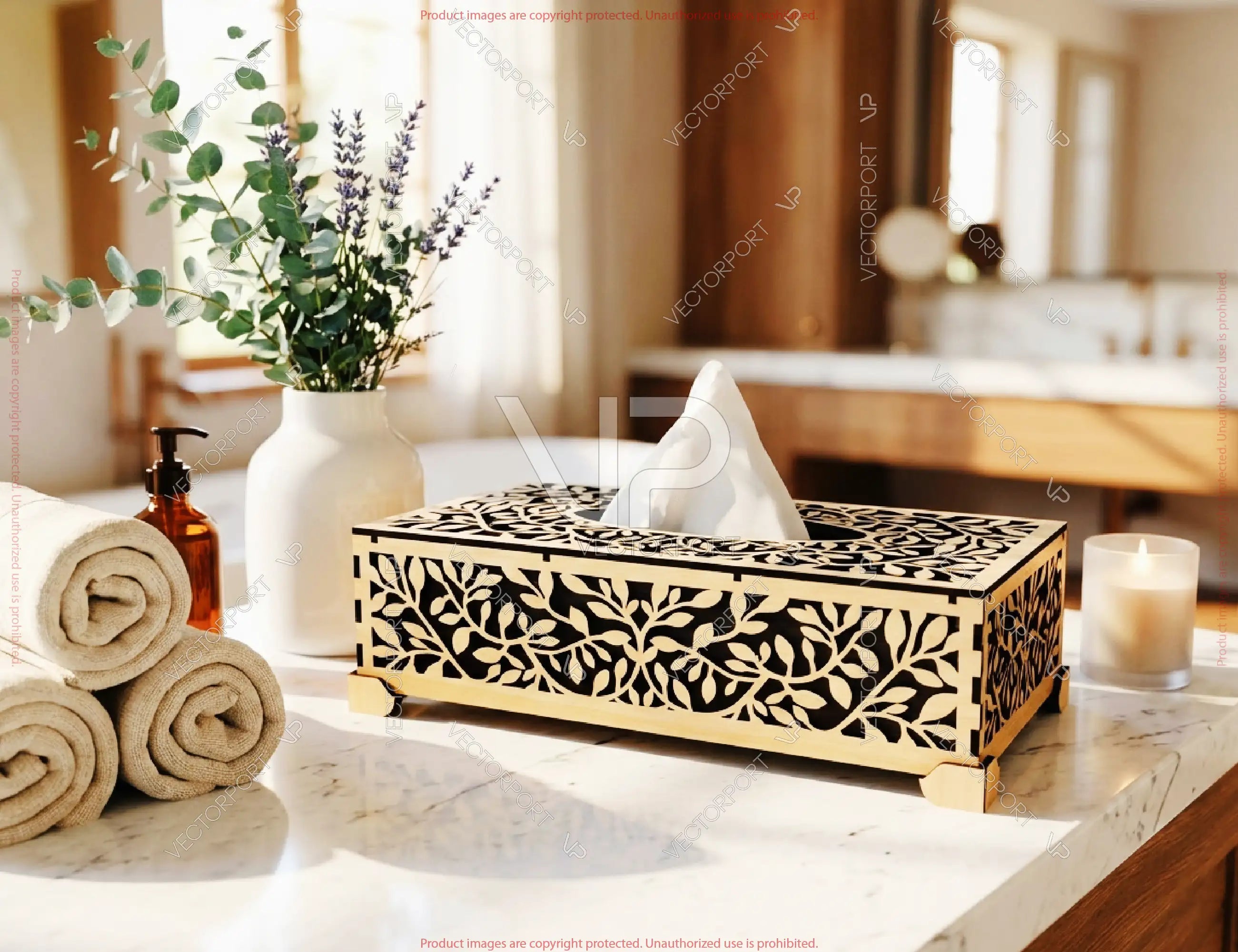 Laser Cut Wooden Tissue Box with Leaf Pattern | Decorative Wooden Tissue Holder | Napkin Dispenser | Digital Download |#U690|