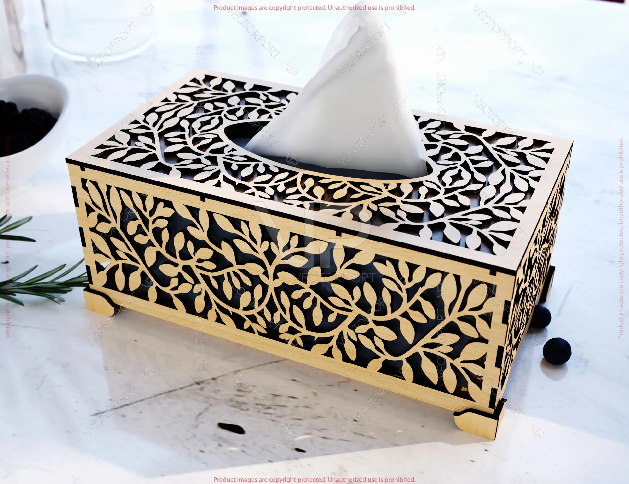 Laser Cut Wooden Tissue Box with Leaf Pattern | Decorative Wooden Tissue Holder | Napkin Dispenser | Digital Download |#U690|