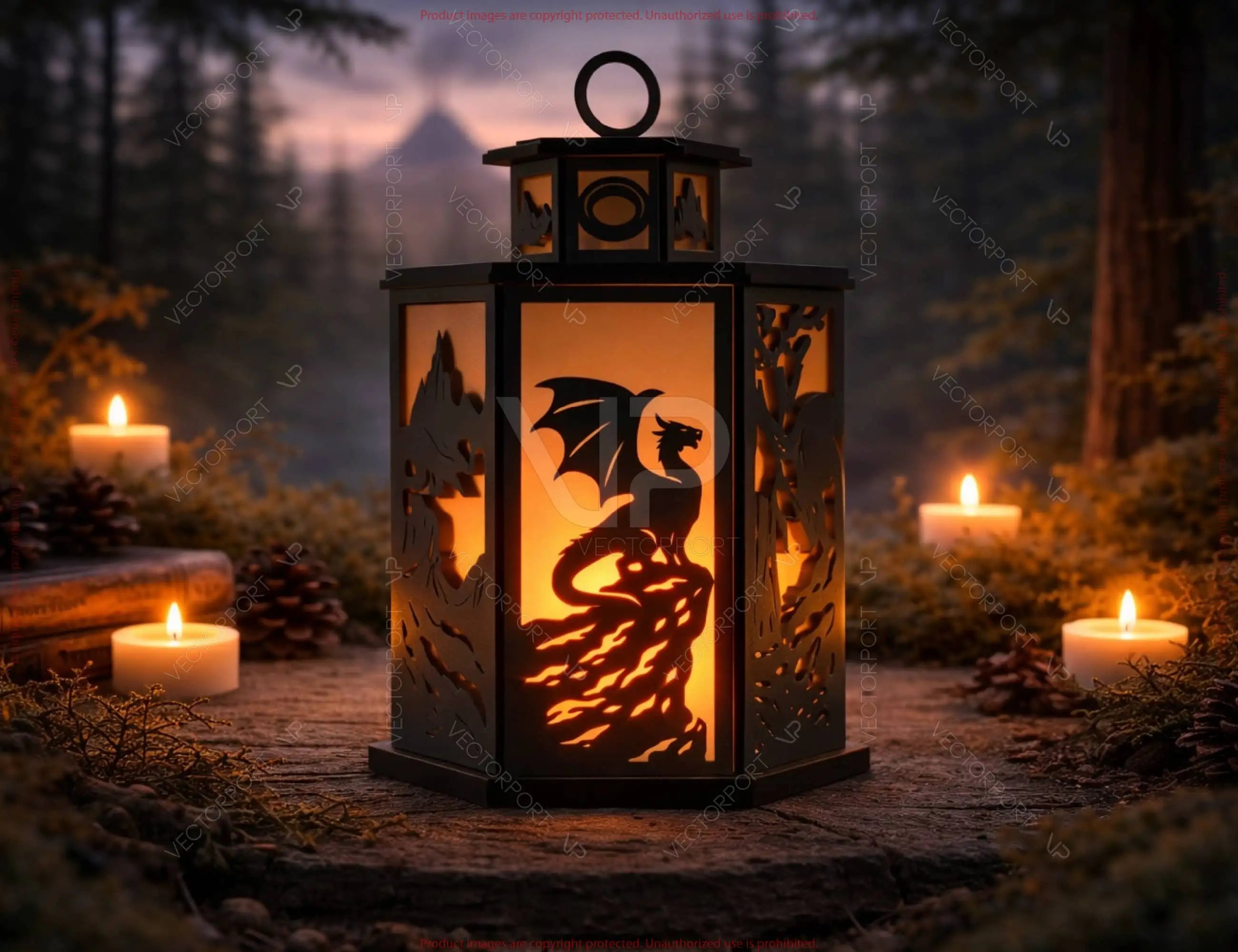 Fantasy Lantern SVG | Dragon & Wizard Laser Cut Lantern | Shadow Box Candle Lantern | Gothic Castle Light Box Digital Download |#U698|