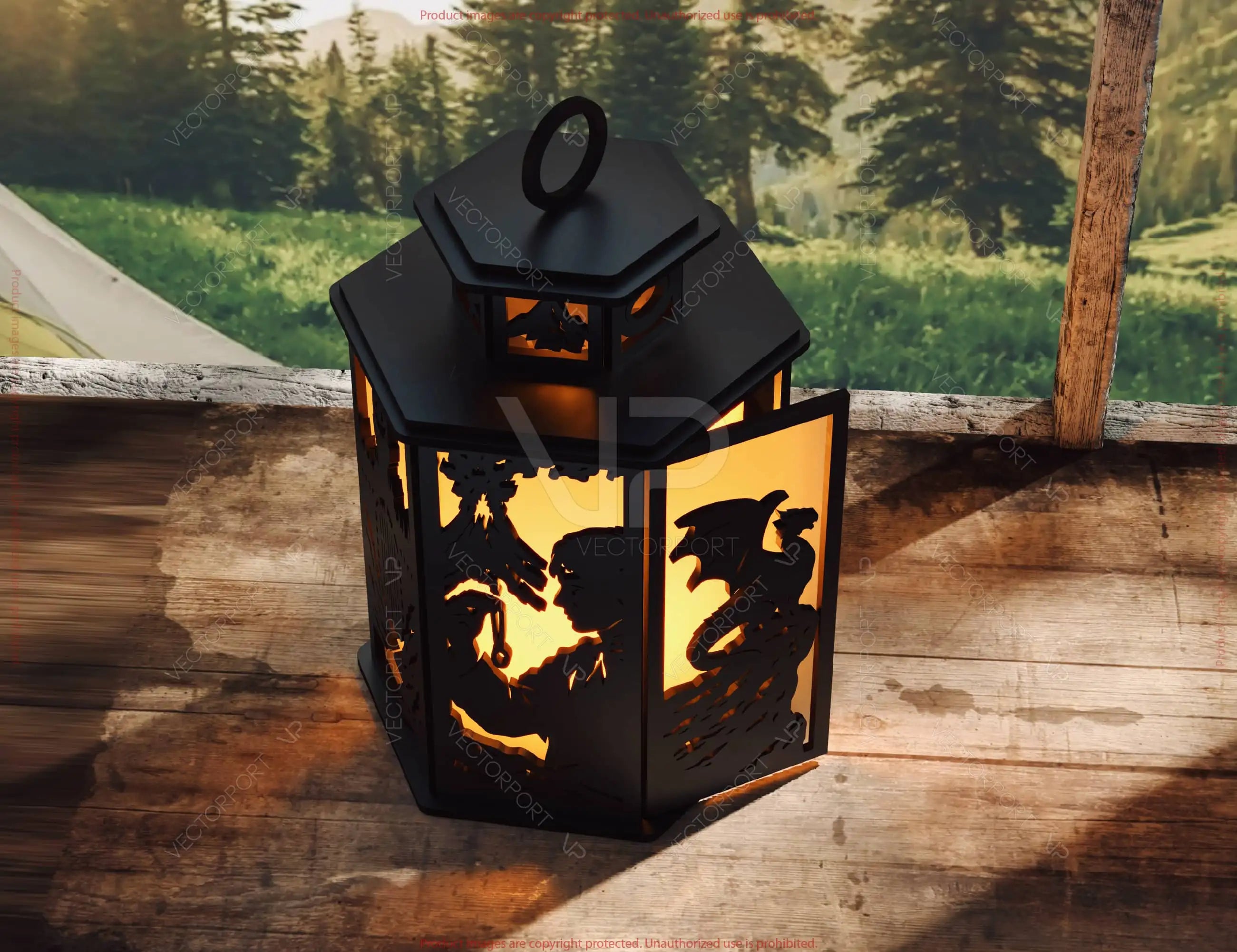 Fantasy Lantern SVG | Dragon & Wizard Laser Cut Lantern | Shadow Box Candle Lantern | Gothic Castle Light Box Digital Download |#U698|
