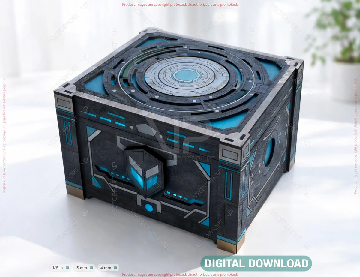 Futuristic Laser Cut Box SVG | Sci-Fi Wooden Storage Box | High-Tech Geometric Keepsake Stash Box Digital Download |#U699|